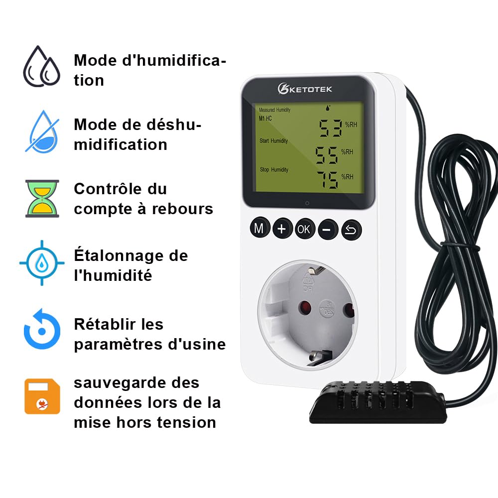 Thumbnail 1 de KETOTEK Prise hygrostatt numérique avec sonde : contrôleur d’humidité 220 V pour terrarium, couveuse et serre