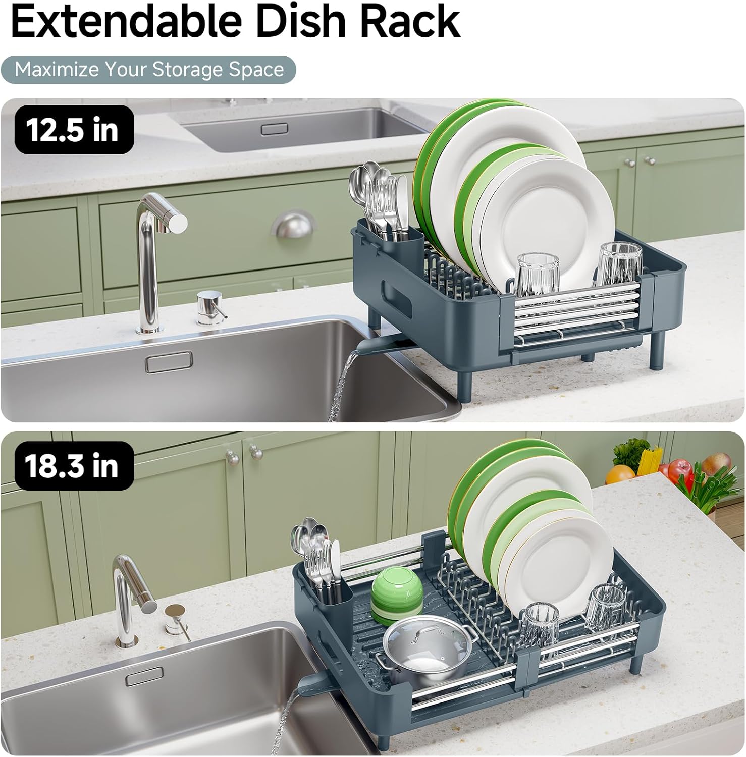 Thumbnail 2 de KINGRACK Extendable Dish Drainer Rack in Matte Green