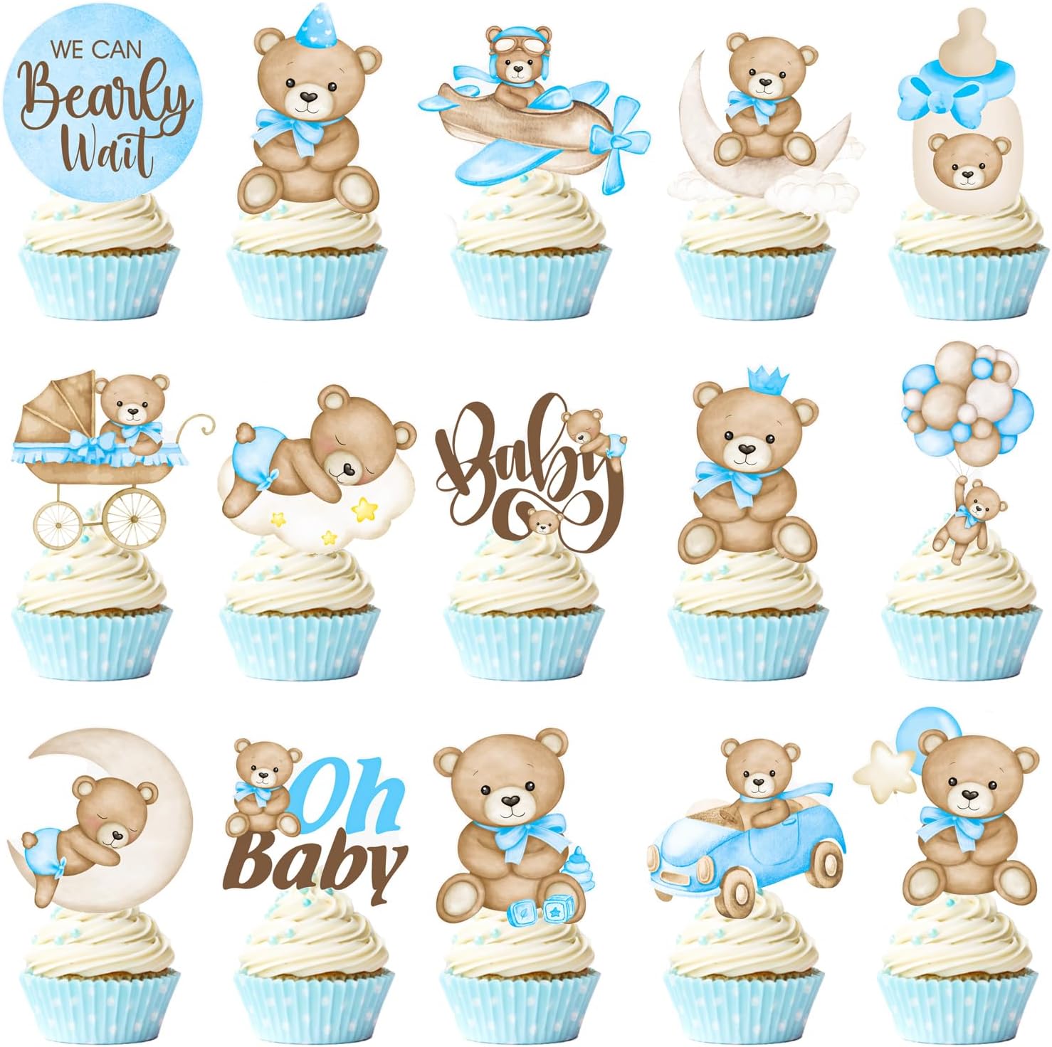 Detalle 2 de CANDY CHEF Oh Baby Bear Cupcake Toppers, 48 Blue Picks in 24 Designs