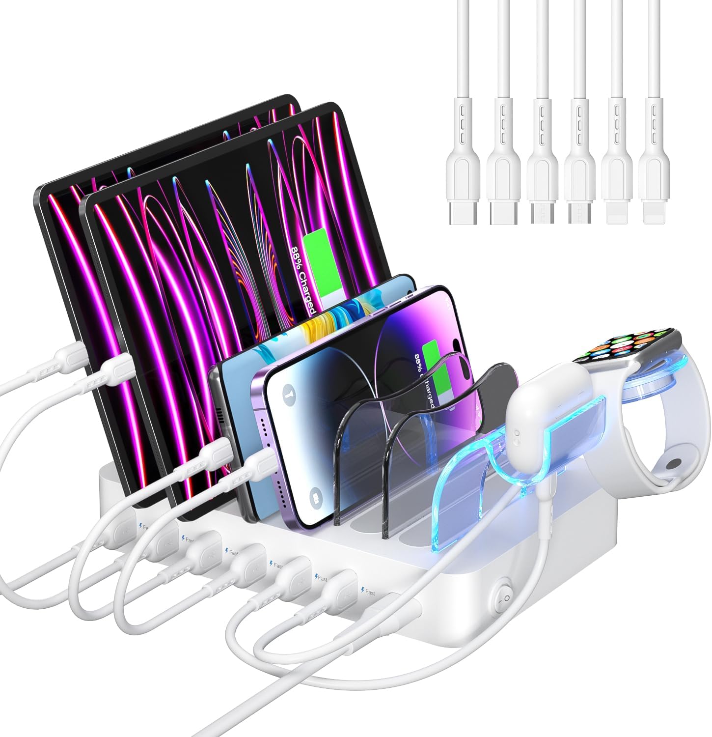 Detalle de SooPii 6-Port USB Charging Station Organiser (50W) with Cable Set and i-Watch/AirPods Holder, White