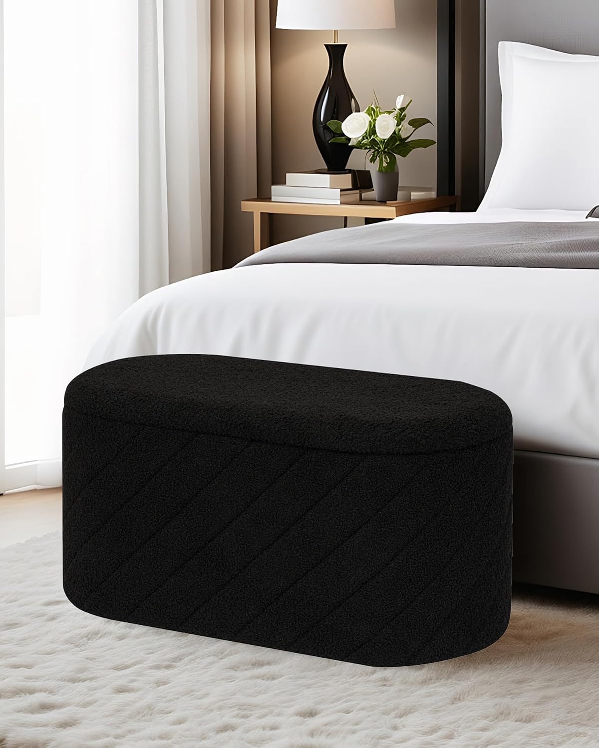 Thumbnail 1 de Bonlife Oval Ottoman with Storage Bench (Boucle) – Black, 76x38x38cm