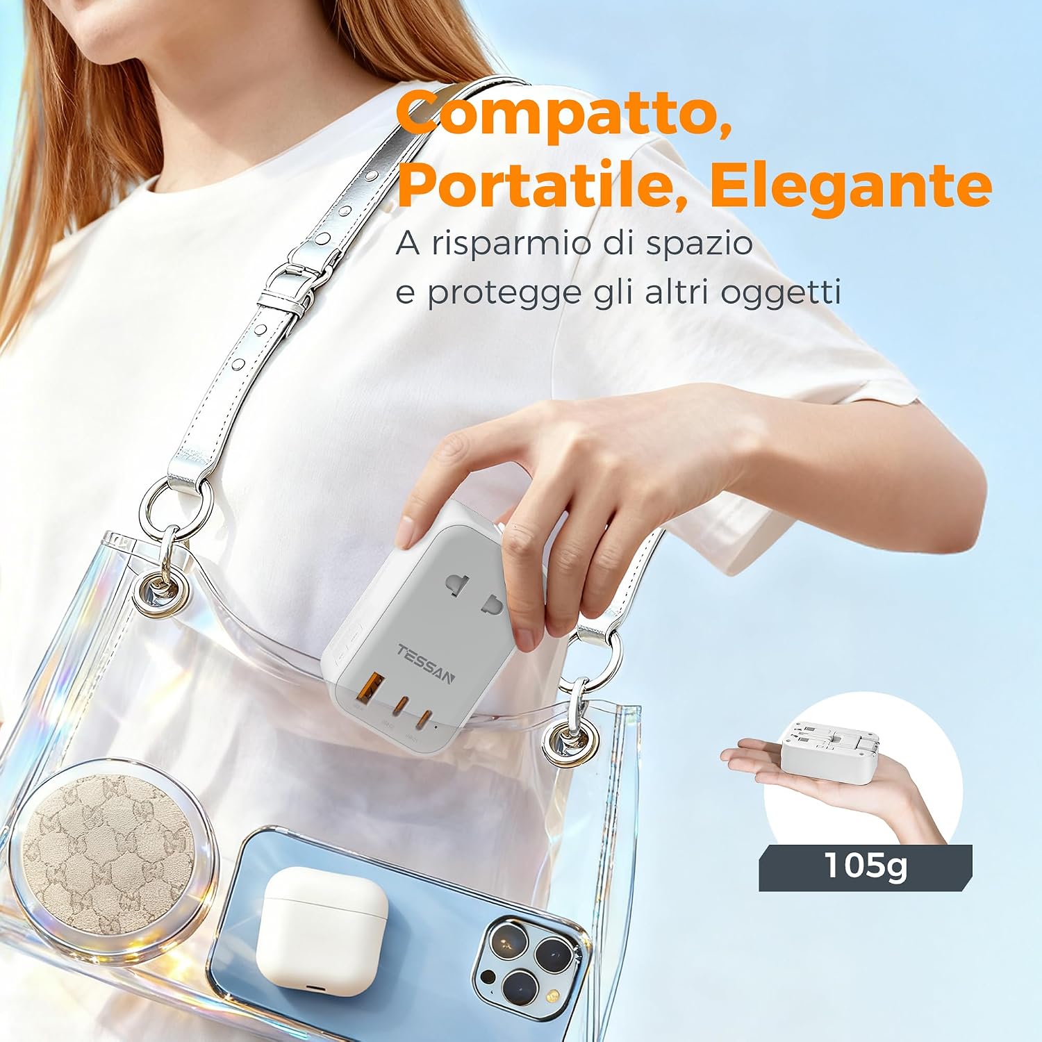 Detalle 2 de TESSAN Adattatore da Viaggio Universale PD 20W: 4-in-1 con 2 USB-C e 1 USB-A