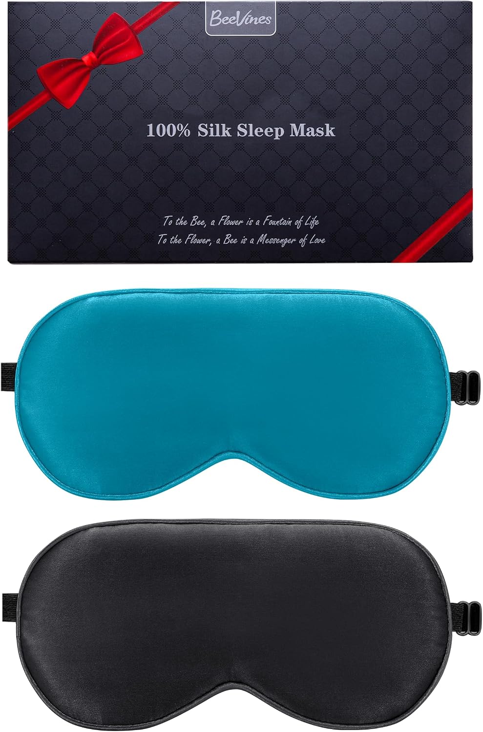 Detalle de BeeVines Silk Sleeping Mask (2-pack) – 100% natural silk eye mask with adjustable straps (Black & Peacock Blue)