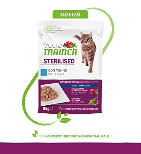 Detalle de Natural Trainer Sterilised Adult Cibo Umido per Gatti con Tonno e Fibra di Pisello, 12 buste x 85 g (1020 g)