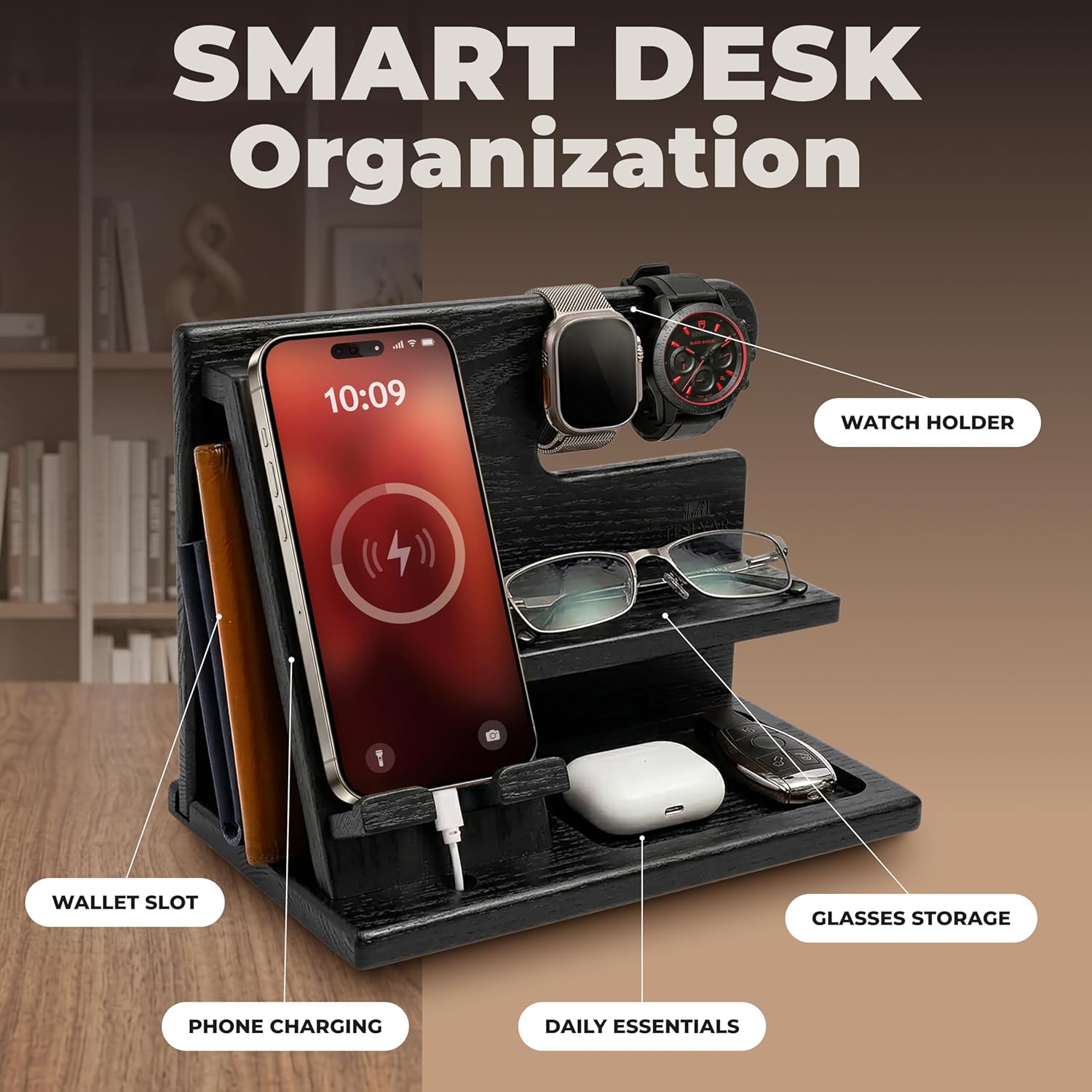 Thumbnail 3 de TESLYAR Wood Phone Docking Station – Nightstand & Desk Organizer (Black)