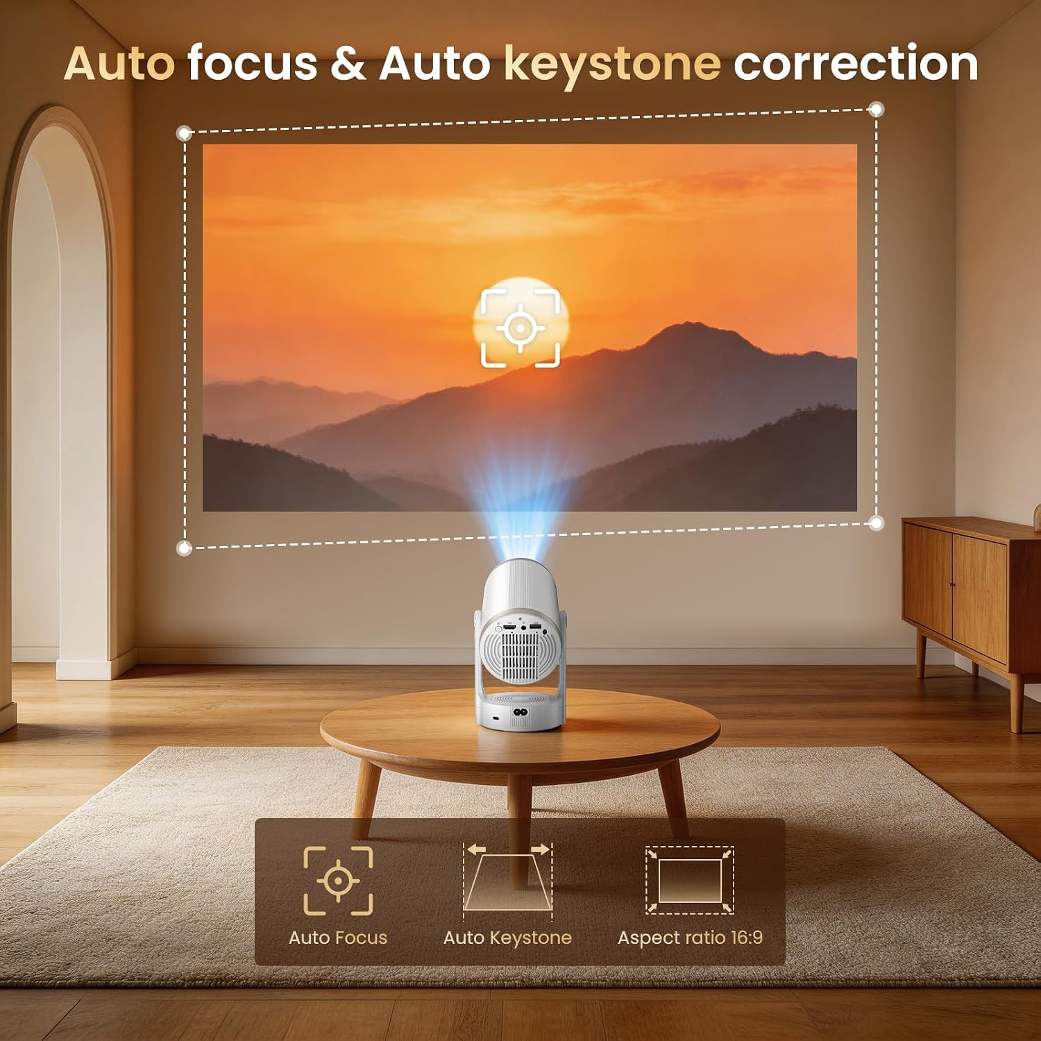 Thumbnail 3 de Mini Projector HD 1080P with 4K Support, Auto Focus, 180° Rotatable, 22000 Lumen (260 ANSI), WiFi 6 & Bluetooth 5.4 — Android 12.0, 30–200" Theatres for Match Gaming, Bedroom and Outdoor