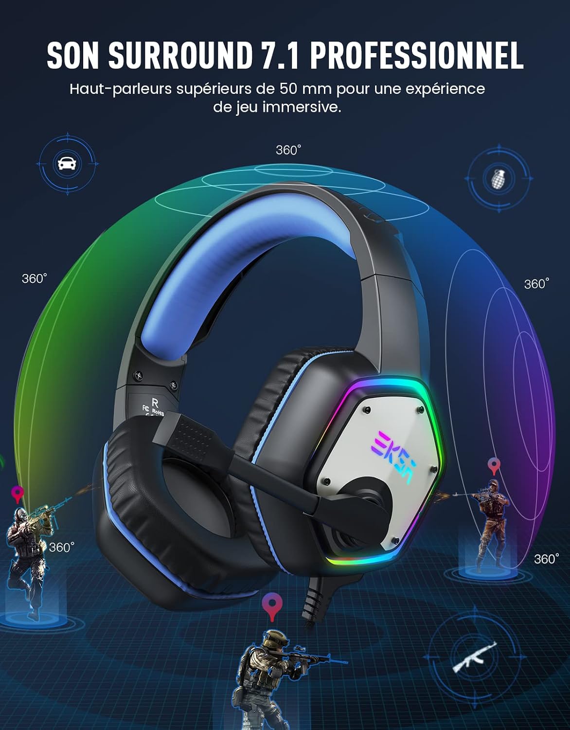 Detalle de EKSA E1000: Cuffie Gaming USB con Surround 7.1, RGB, Microfono e USB Plug & Play