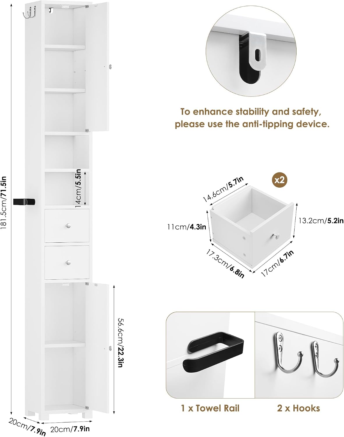 Detalle de FOREHILL M324 Tall Bathroom Cabinet, 20 cm Slim White Storage Unit