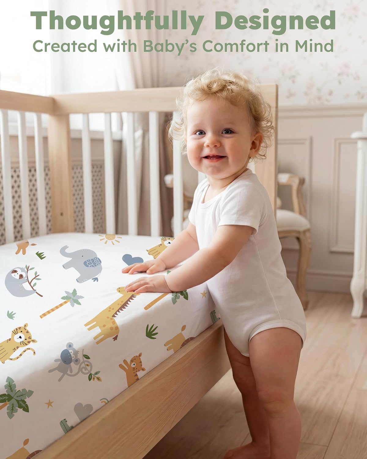Detalle 2 de Nyessmee Fitted Crib Sheets, 2-Pack, 52" x 28", Green Animals, Microfiber
