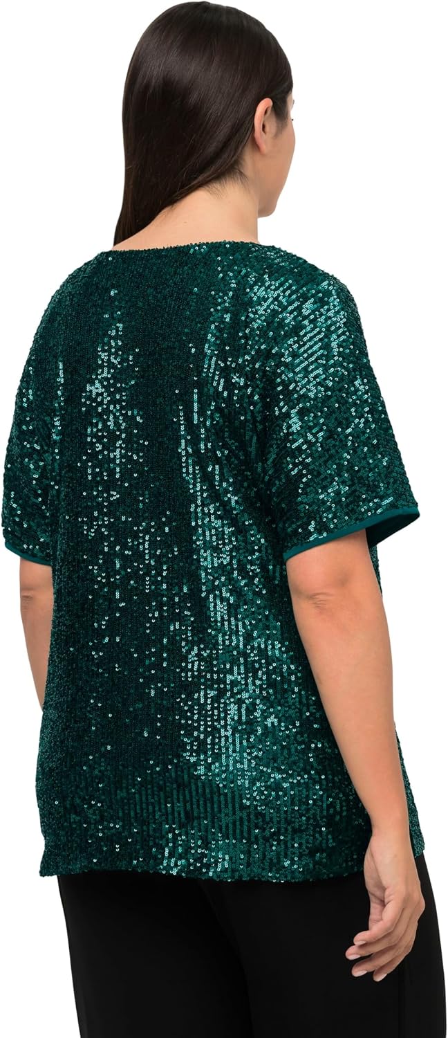 Detalle de Ulla Popken Pailletten-Shirt Oversized à V-Conclusion et Manches Rabattues pour Femme