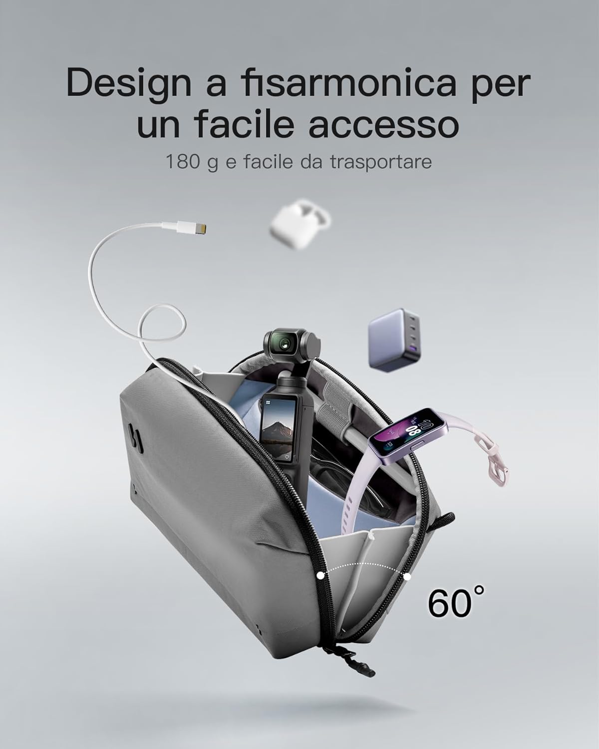 Detalle 2 de Inateck Organizer Elettronico Portatile grigio da viaggio per cavi, power bank e hub