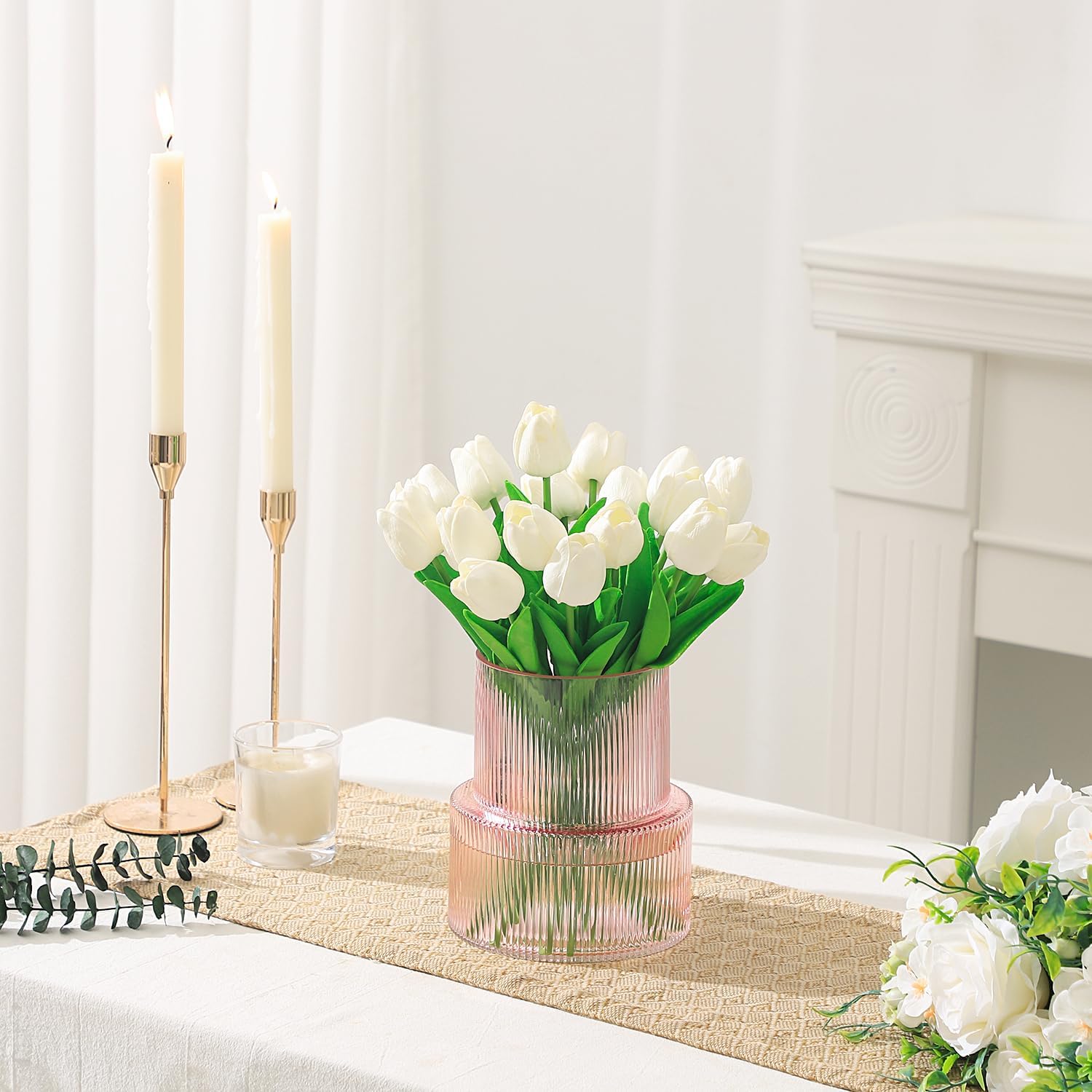 Detalle 2 de KAYLETIN KAYLETIN roze glazen bloemenvaas, geribbeld, 18 cm