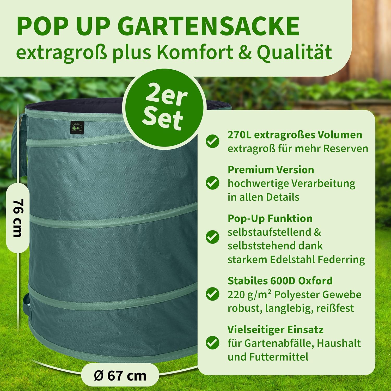 Thumbnail 1 de TTL GARDEN 2x 270L Premium Pop-Up Gartensack (220 g/m², 600D Oxford, 2er Set)