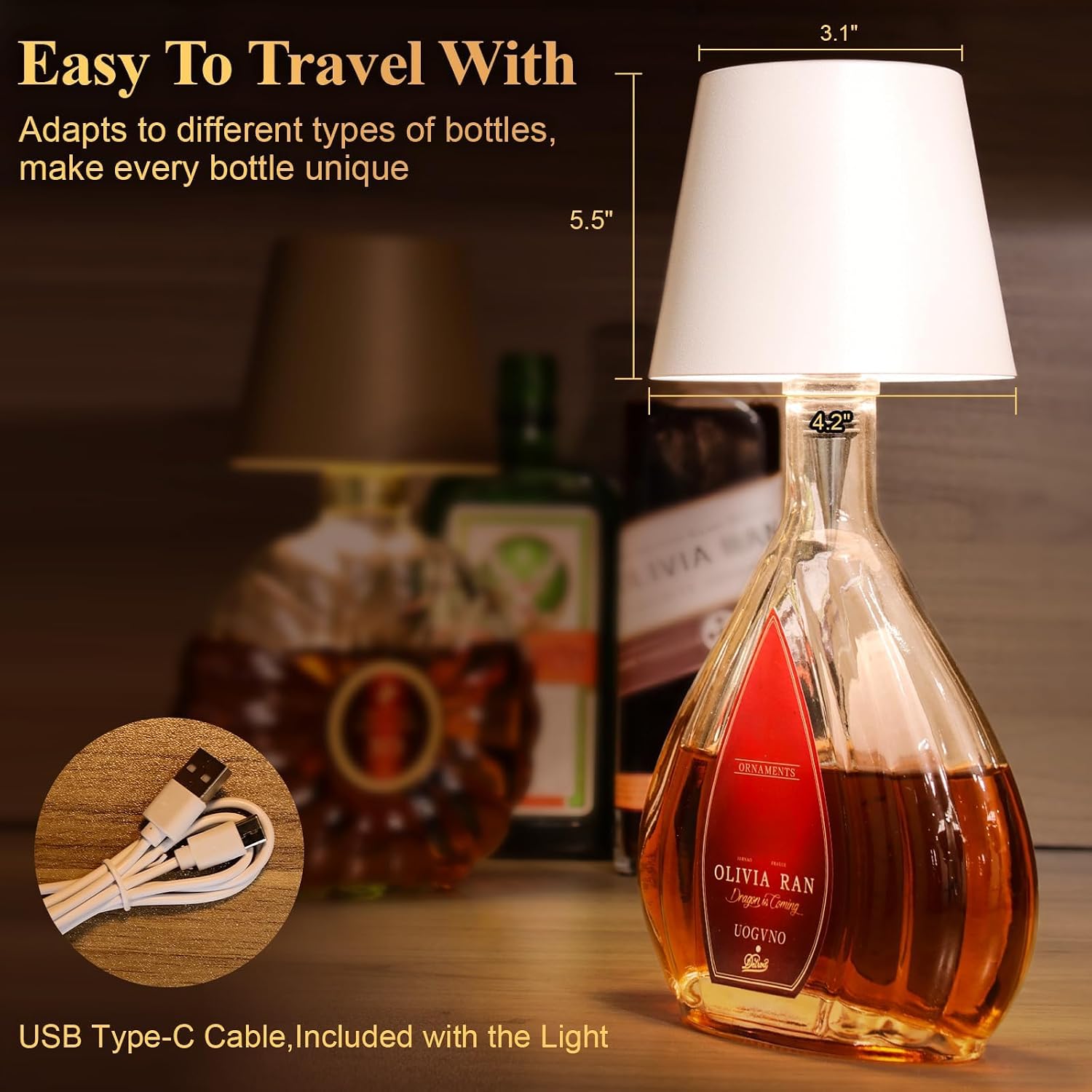 Detalle de Mebaraul JP001-RG01 2-Pack Rechargeable Bottle Lamps with 3 Color Temperatures