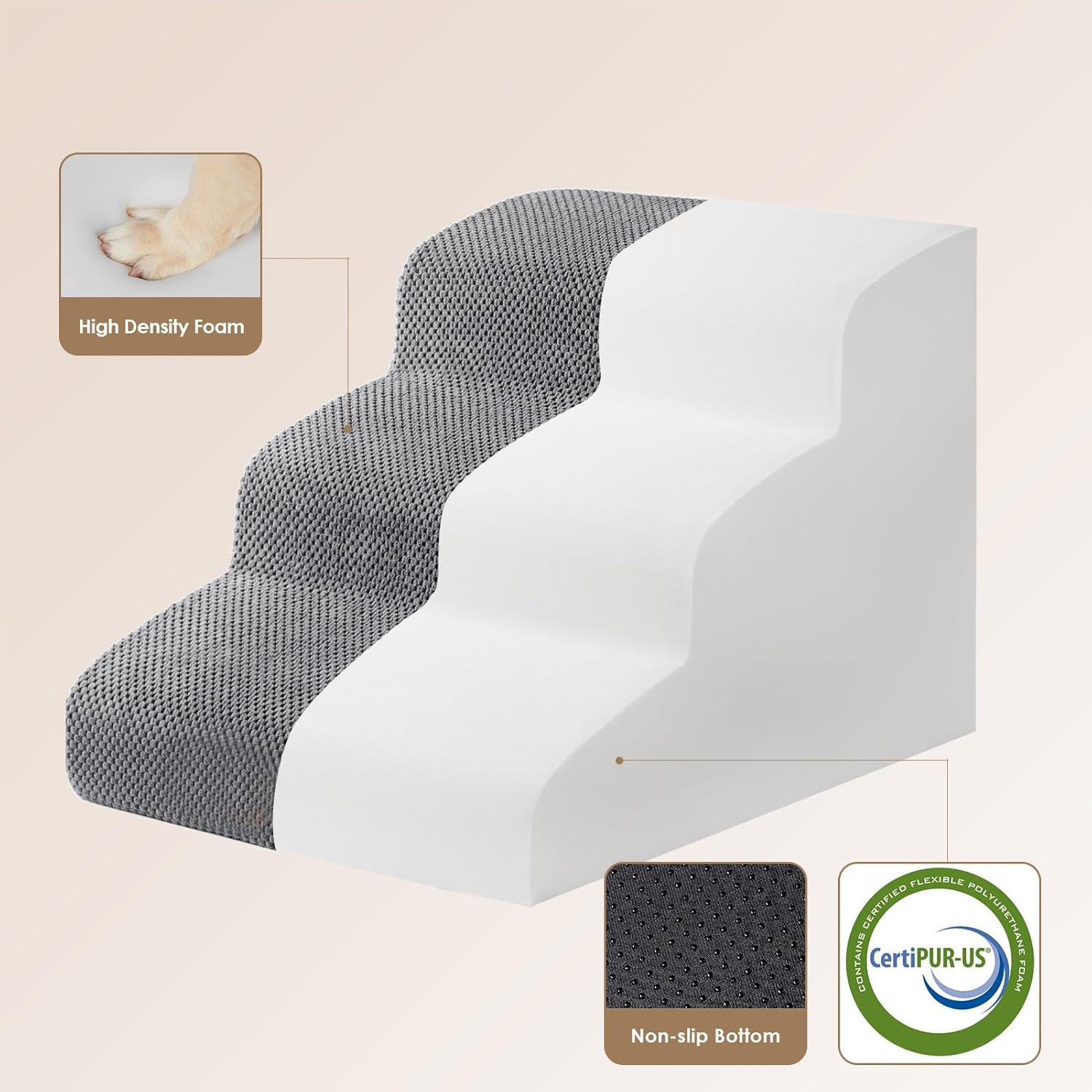 Thumbnail 1 de EHEYCIGA Curved Dog Steps for Bed – 3-Step Foam Stairs, Non-Slip, 40x57x40cm (Dark Grey)