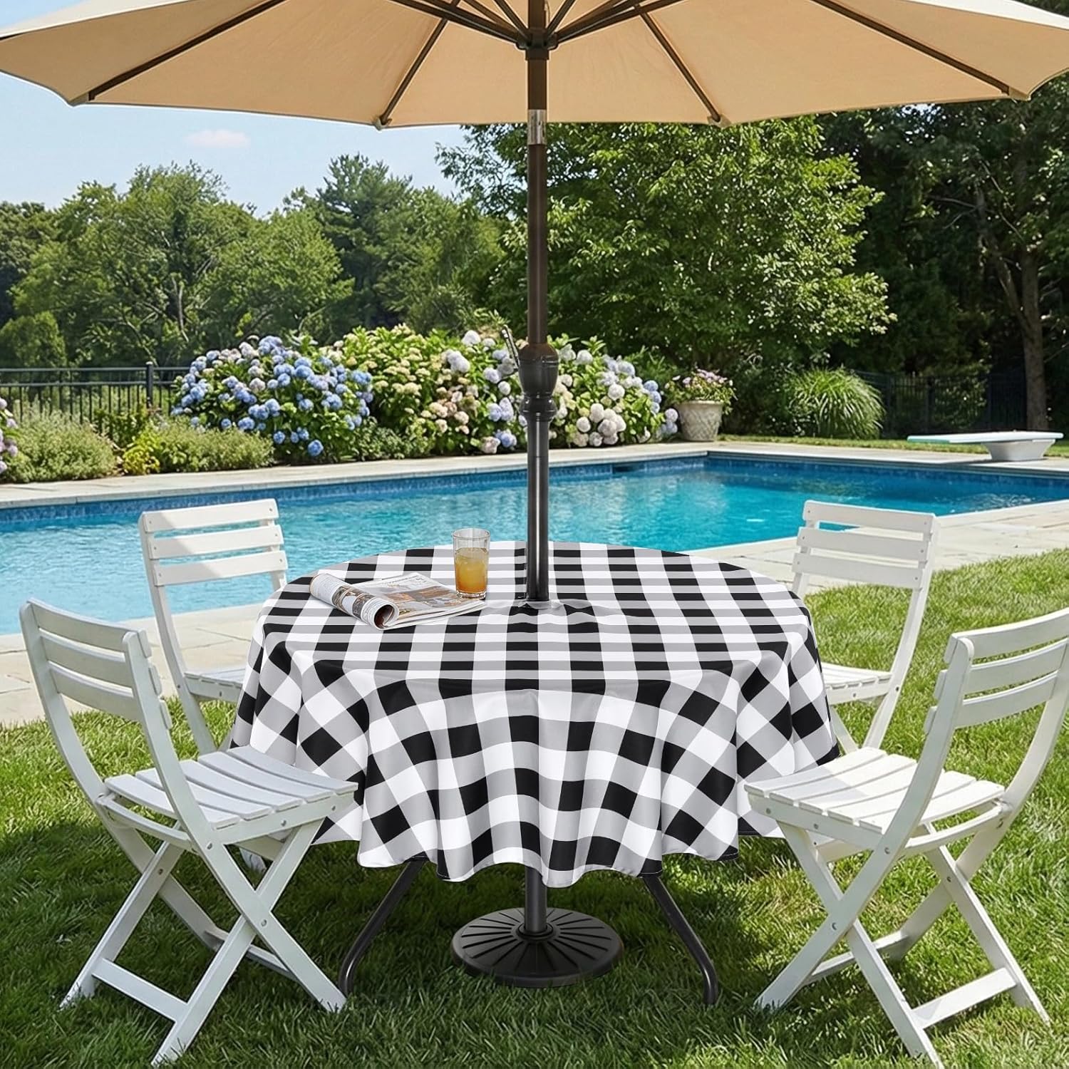 Thumbnail 1 de Eternal Beauty 152cm Round Black Checkered Tablecloth with Umbrella Hole & Zipper