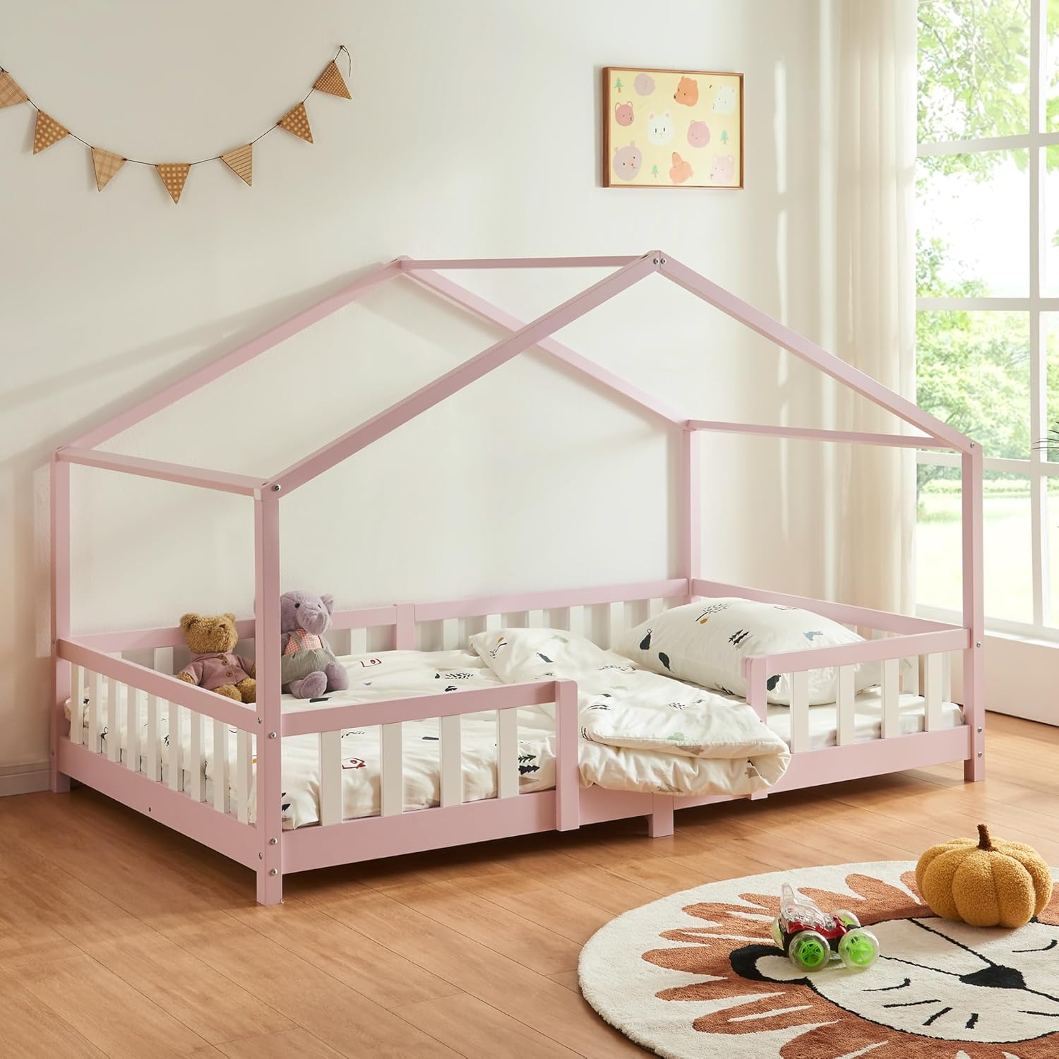 [en.casa] Letto per cameretta a casetta con barriera di protezione per bambini, legno di pino 90 x 200 cm, rosa/bianco