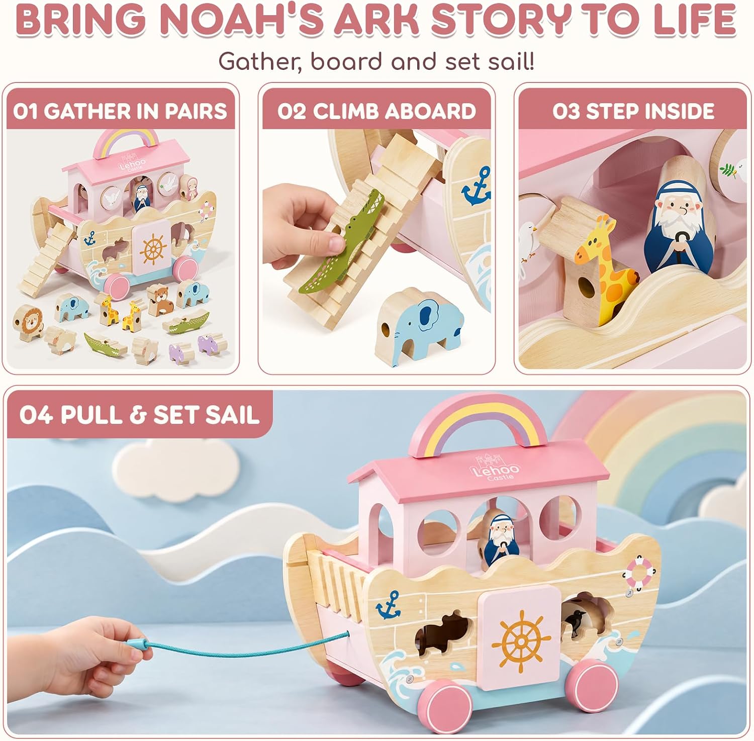 Thumbnail 4 de Lehoo Castle BT-019 Pink Wooden Noah’s Ark Toy with Shape Sorter and Lacing