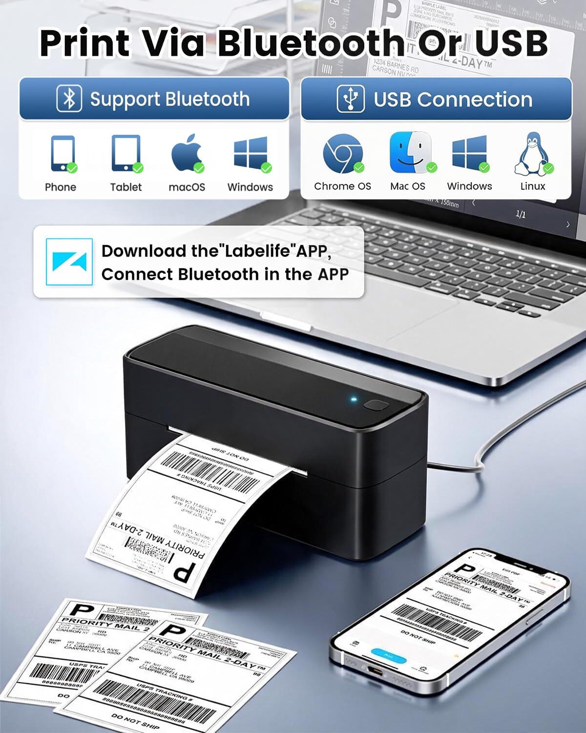 Detalle 2 de Phomemo 241BT Bluetooth 4x6 Wireless Thermal Shipping Label Printer for Small Business (Black)