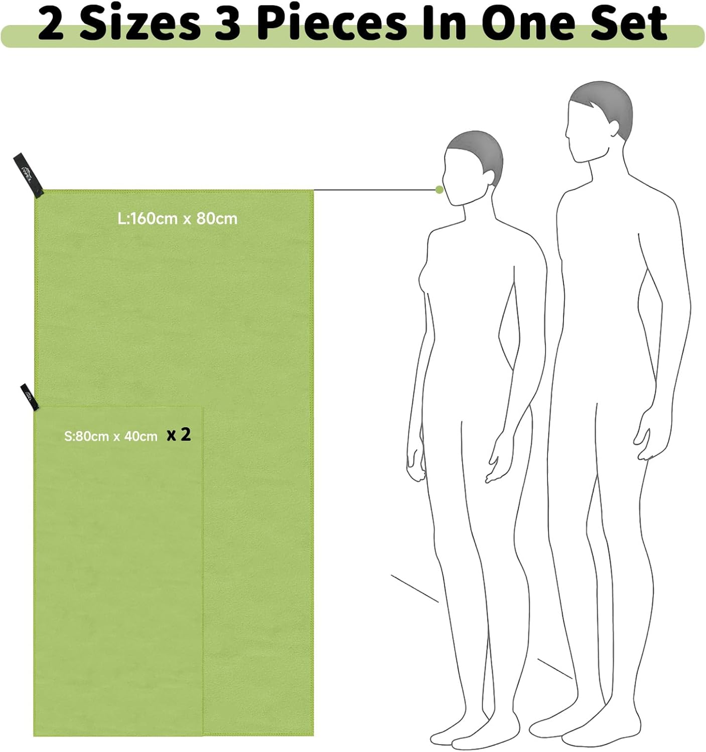 Thumbnail 2 de Pameil Microfibre Towel, 3-Pack (80x40cm x2 + 160x80cm) – Navy/Green | Quick-Dry, Soft & Compact