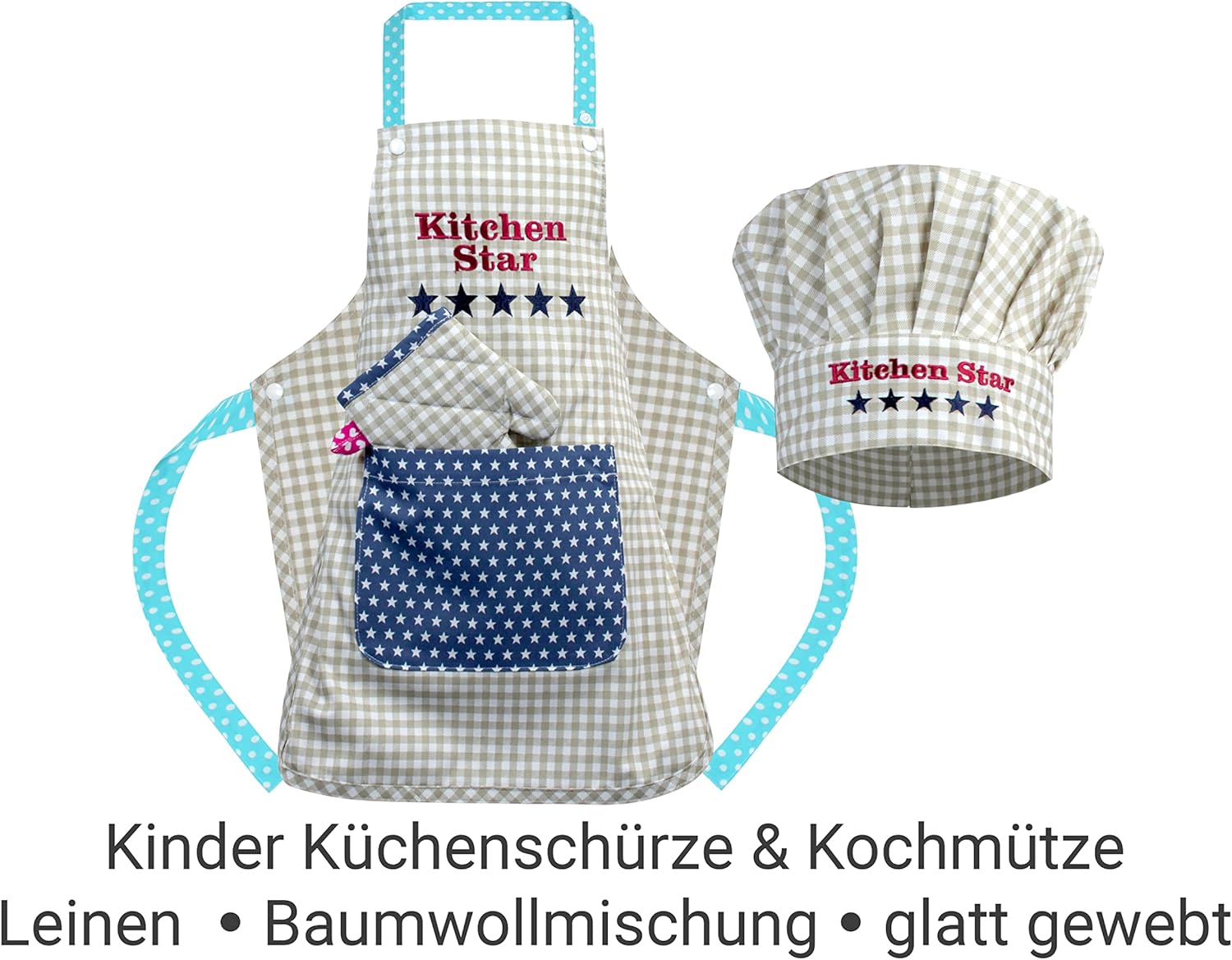Thumbnail 1 de Emily 1428.2002 — Lot de 3 Casquettes de Cuisine avec Tablier et Gant pour Enfant, Motif Carreaux, 7–12 ans
