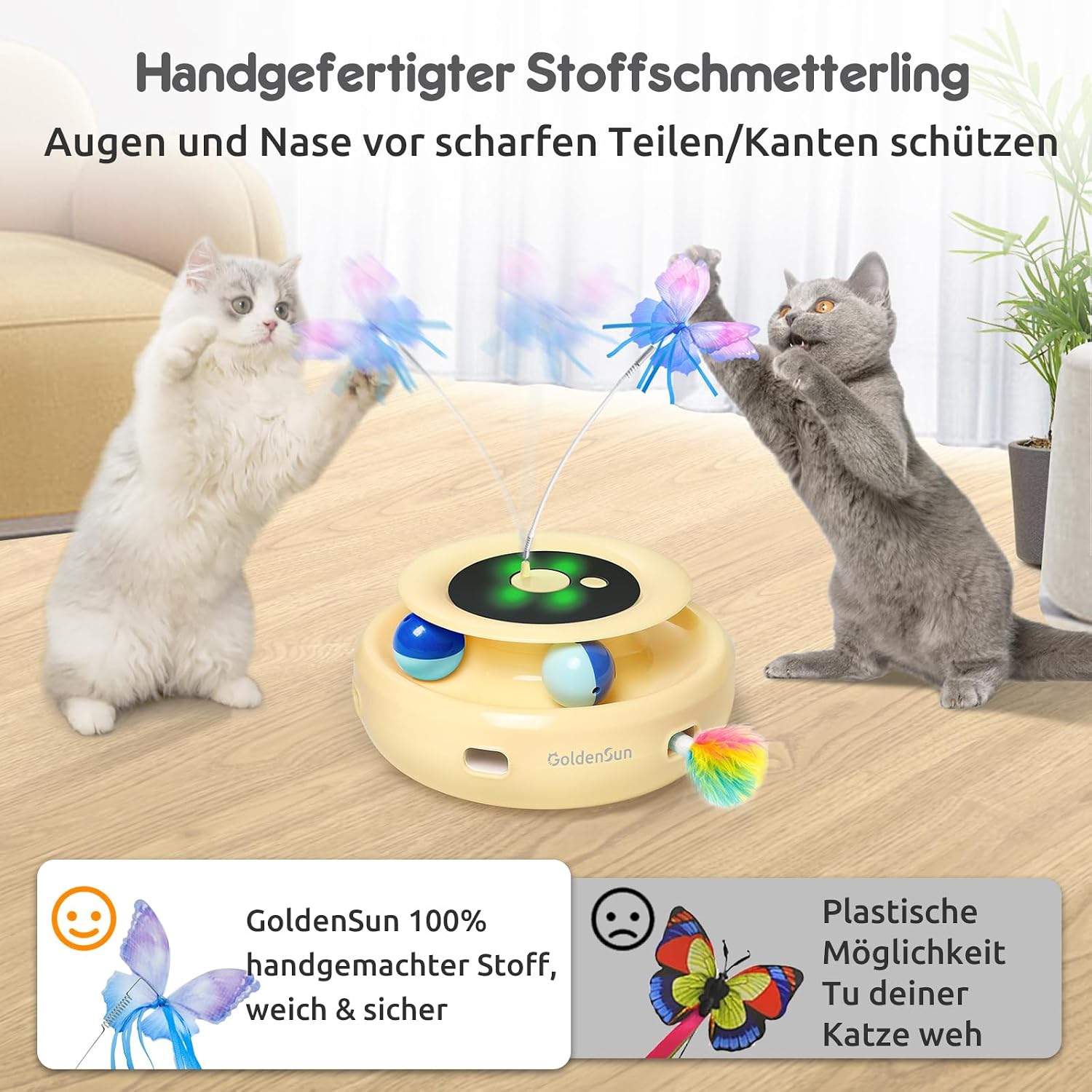 Detalle 1 de GoldenSun 3-in-1 interaktives Katzenspielzeug (Whack-A-Mole & Schmetterling) mit USB wiederaufladbarem Teaser und 4 Aufsätzen