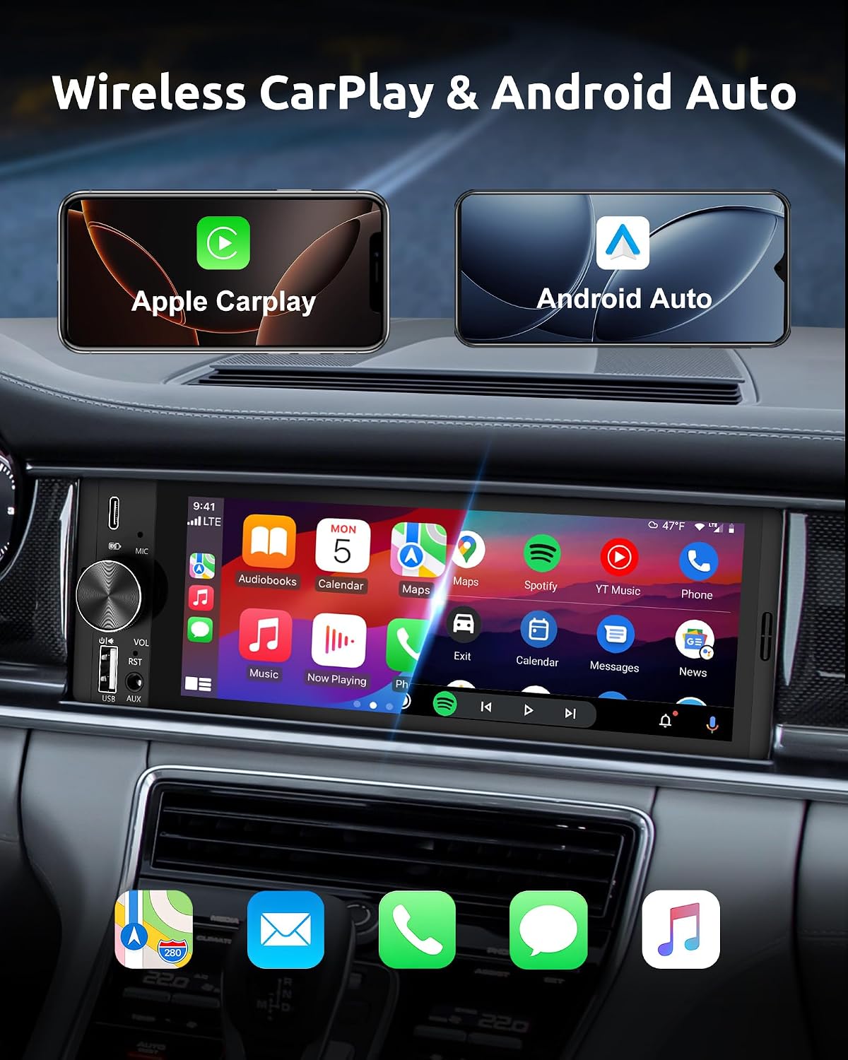 Thumbnail 2 de ESSGOO Single-DIN car stereo with wireless CarPlay/Android Auto, 6.36-inch HD touchscreen and reverse camera input