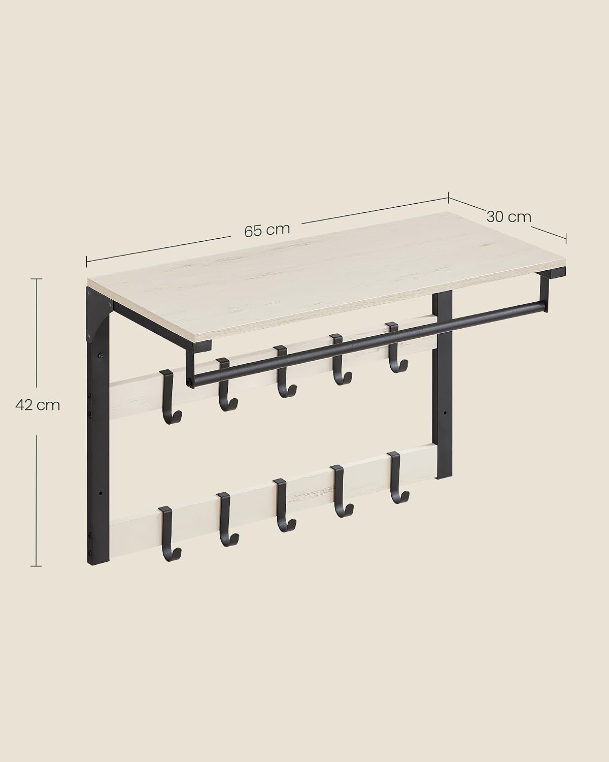 Detalle de VASAGLE Appendiabiti da parete con mensola e 10 ganci rimovibili LCR101W03 (bianco vintage e nero)