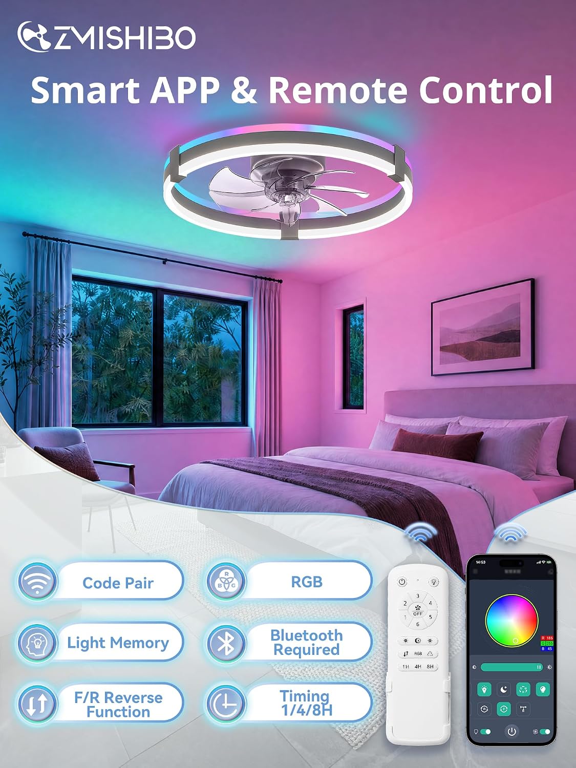 Detalle 2 de ZMISHIBO 20-Inch Low-Profile Ceiling Fan with RGB Lights and Remote