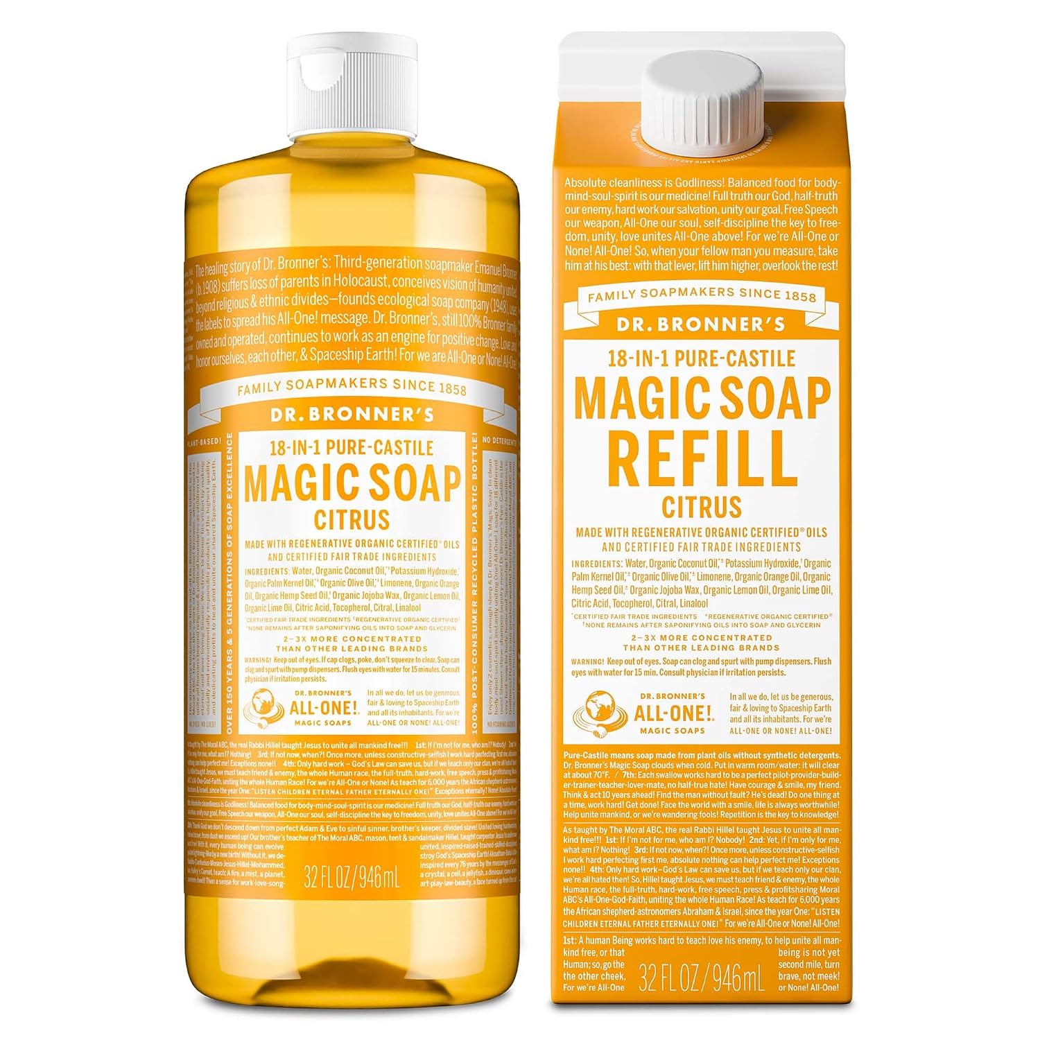 Detalle de Dr. Bronner's Pure-Castile Magic Soap Liquid, Citrus, 32 oz + Refill, 18-in-1