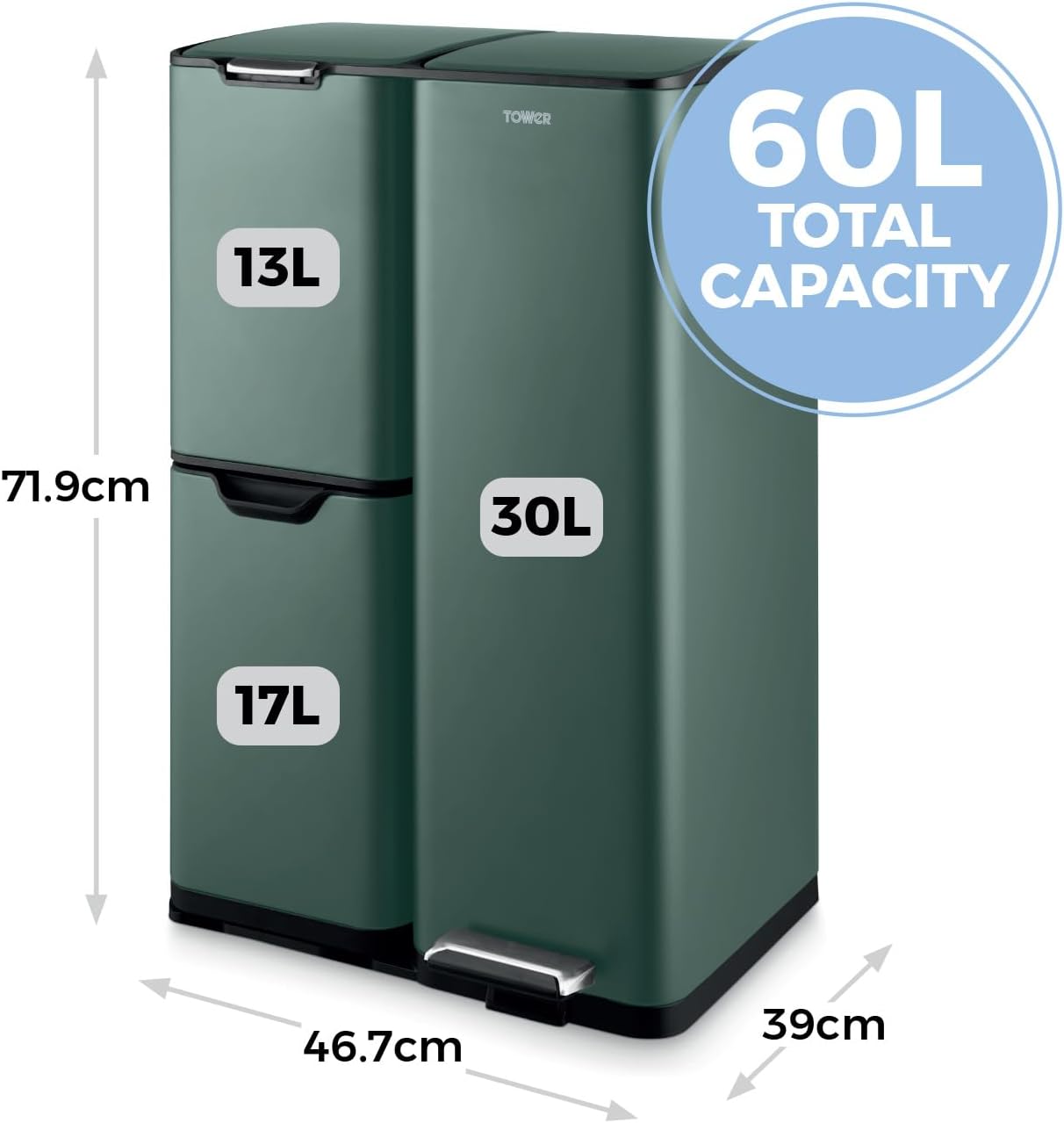 Thumbnail 5 de Tower Recycling Pedal Bin, 60L, Forest Green – Three Compartments with Removable Inner Buckets (T838024FOR)