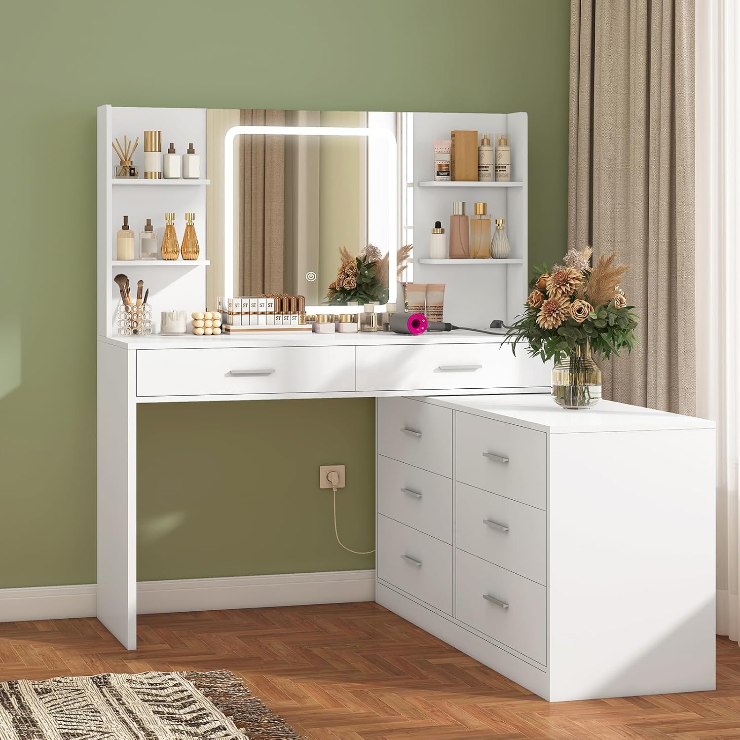 Detalle de TEENFON STA021 Dressing Table with LED Mirror, 8 Drawers and Adjustable Shape