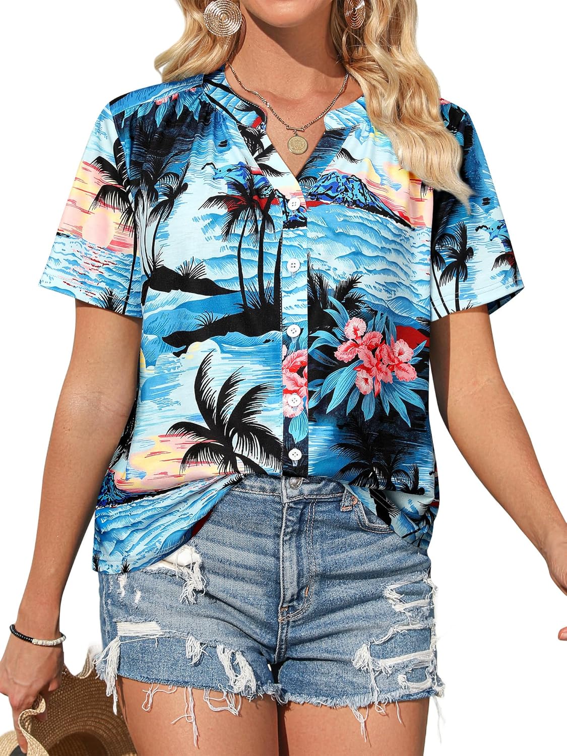 Detalle de WIEIYM Womens Hawaiian Floral V-Neck Short Sleeve Shirt