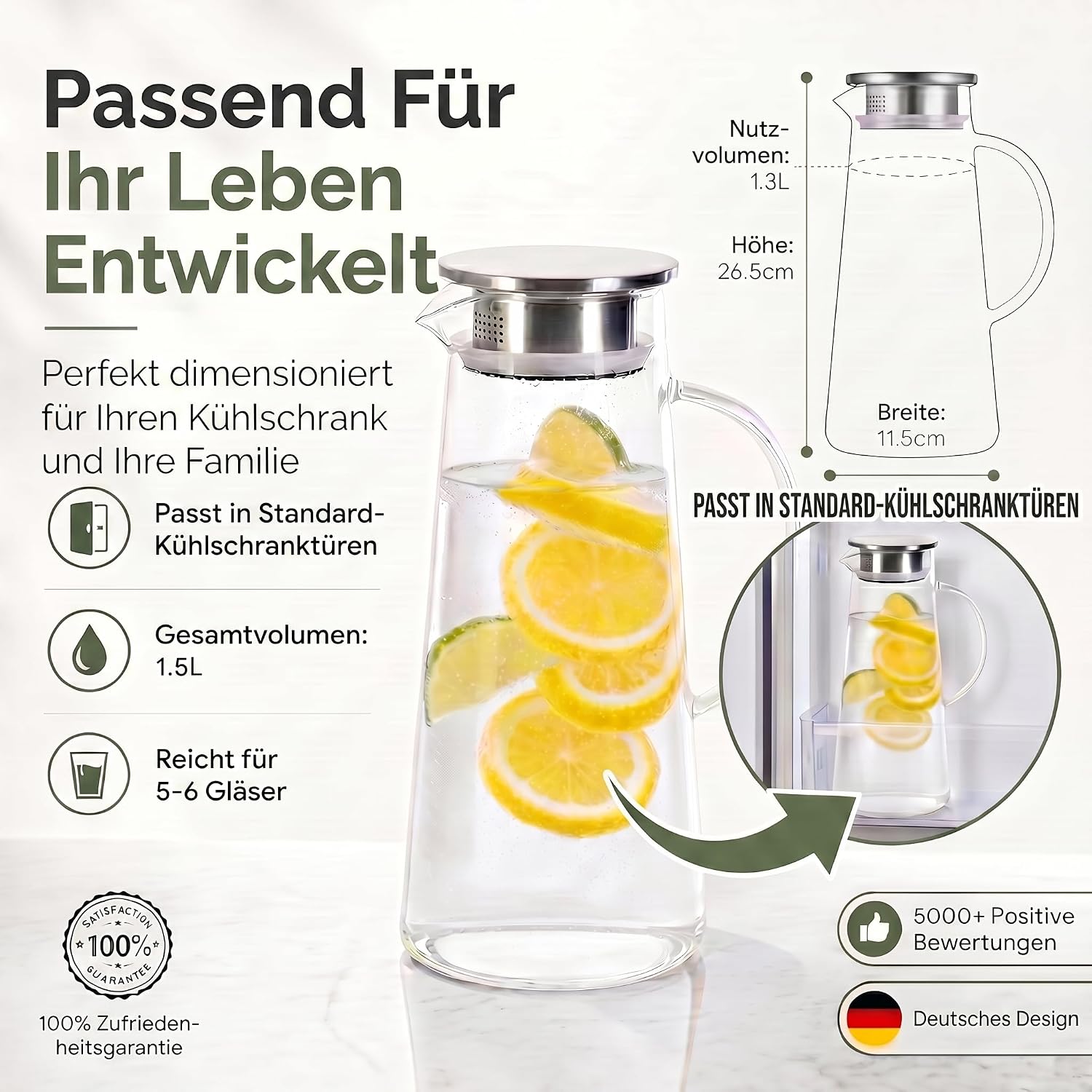 Thumbnail 5 de Dimono Glass Water Jug, 1.5L Borosilicate Carafe with Stainless Steel Filter