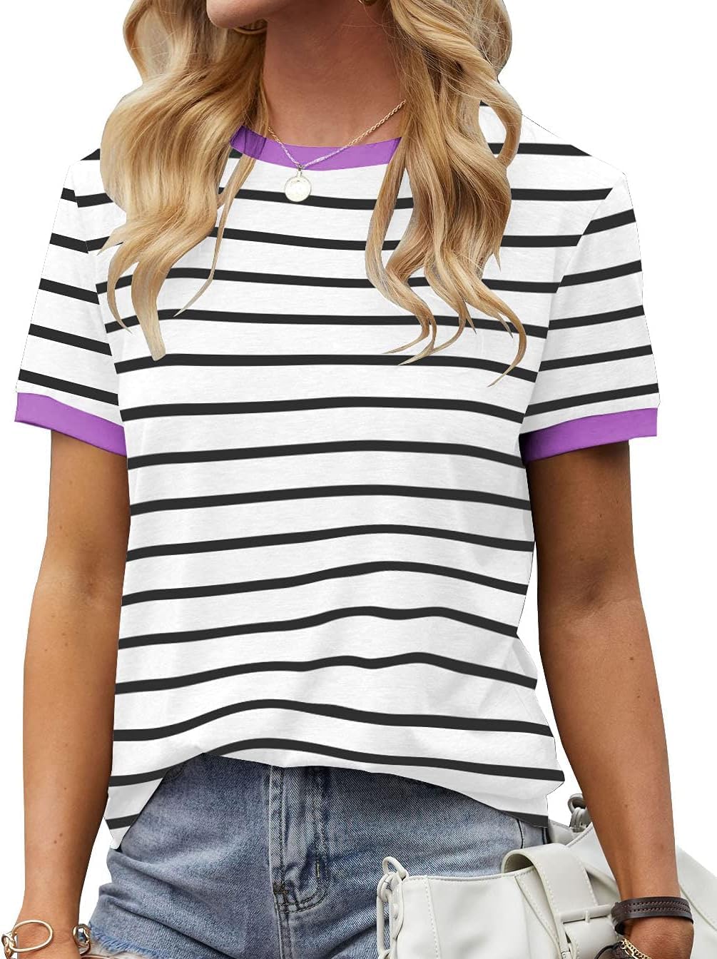 Detalle de Fisoew Damen Streifen T-Shirt mit Rundhalsausschnitt und Kurzarm (Basic Stripe Tee)