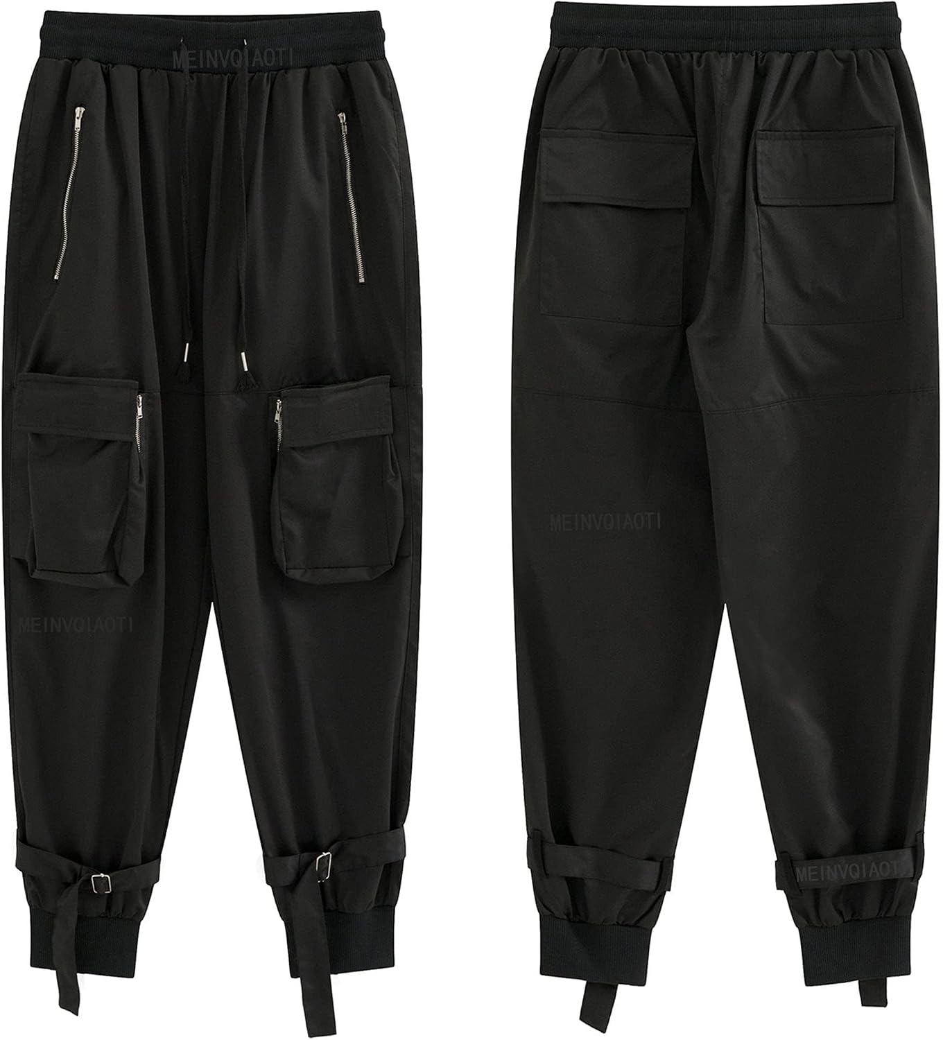 Detalle de MEINVQIAOTI Black Cargo Pants for Women with Chains, Pockets and Zippers