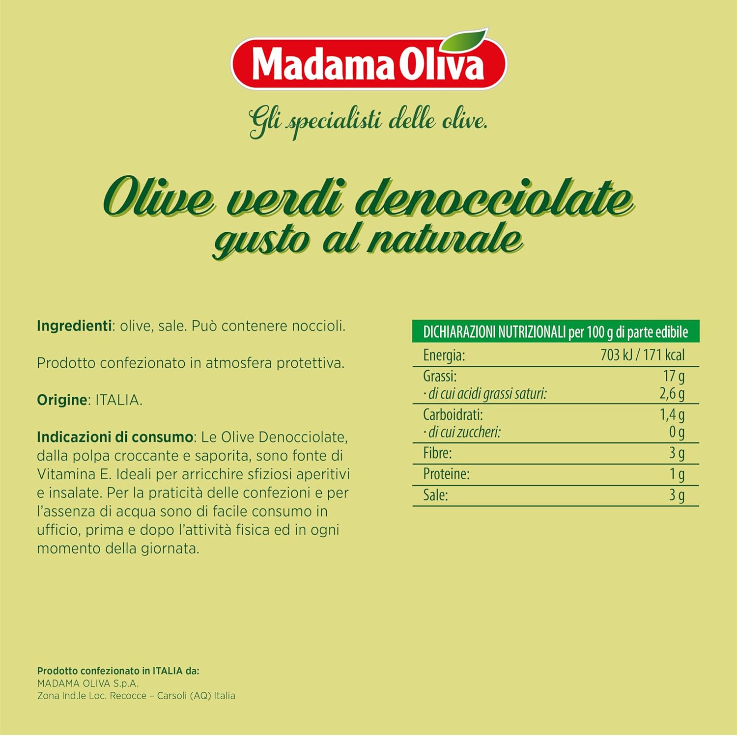 Detalle de MADAMA OLIVA Verdi Denocciolate Nocellara del Belice, 30 g – Box da 20 bustine