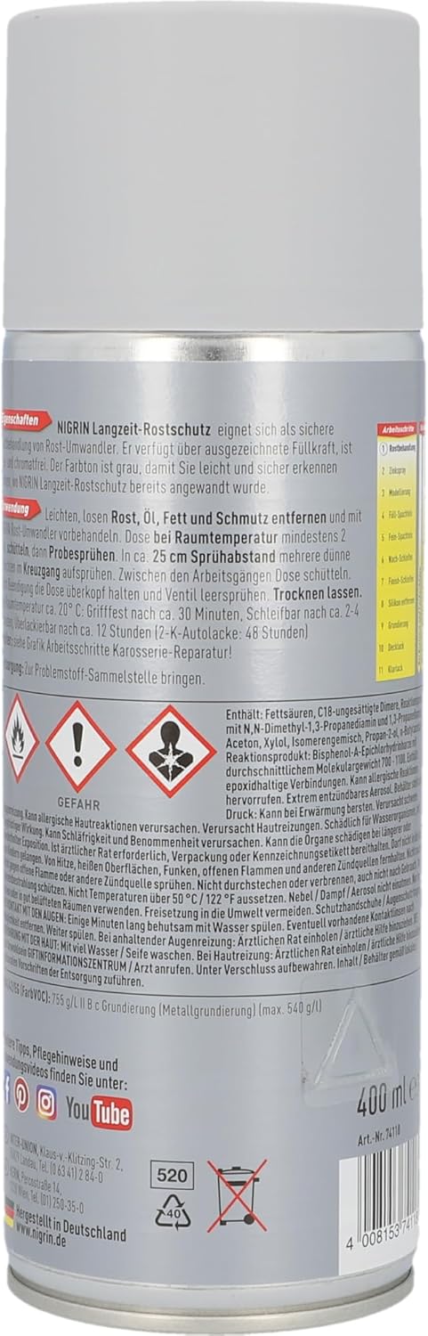 Detalle 2 de NIGRIN Rostprimer- Spray grau 400 ml – Rostschutz grundierung für leichte Rostschäden