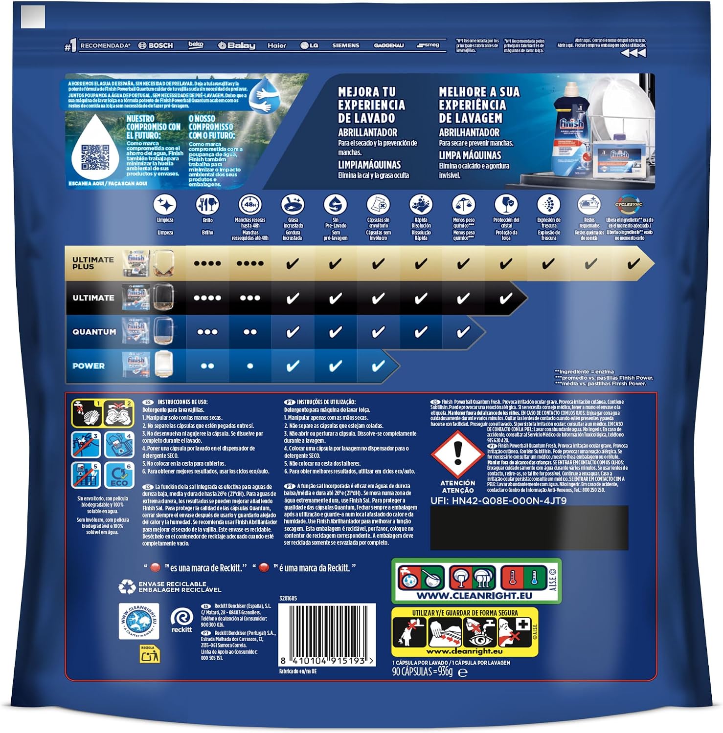 Detalle 2 de Finish Powerball Quantum All in 1 — 90 pastillas para lavavajillas