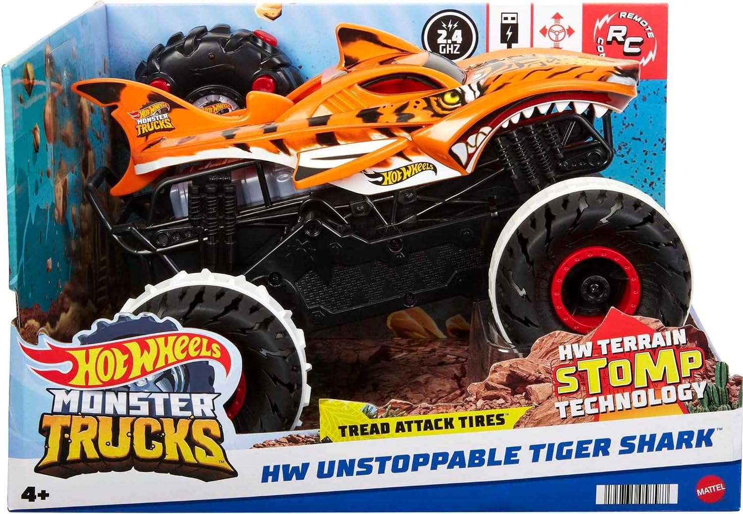 Detalle 2 de Hot Wheels Monster Trucks Tiger Shark l'Inarrestabile – Veicolo radiocomandato 1:15 4x4 per bambini 4+ anni (HGV87)