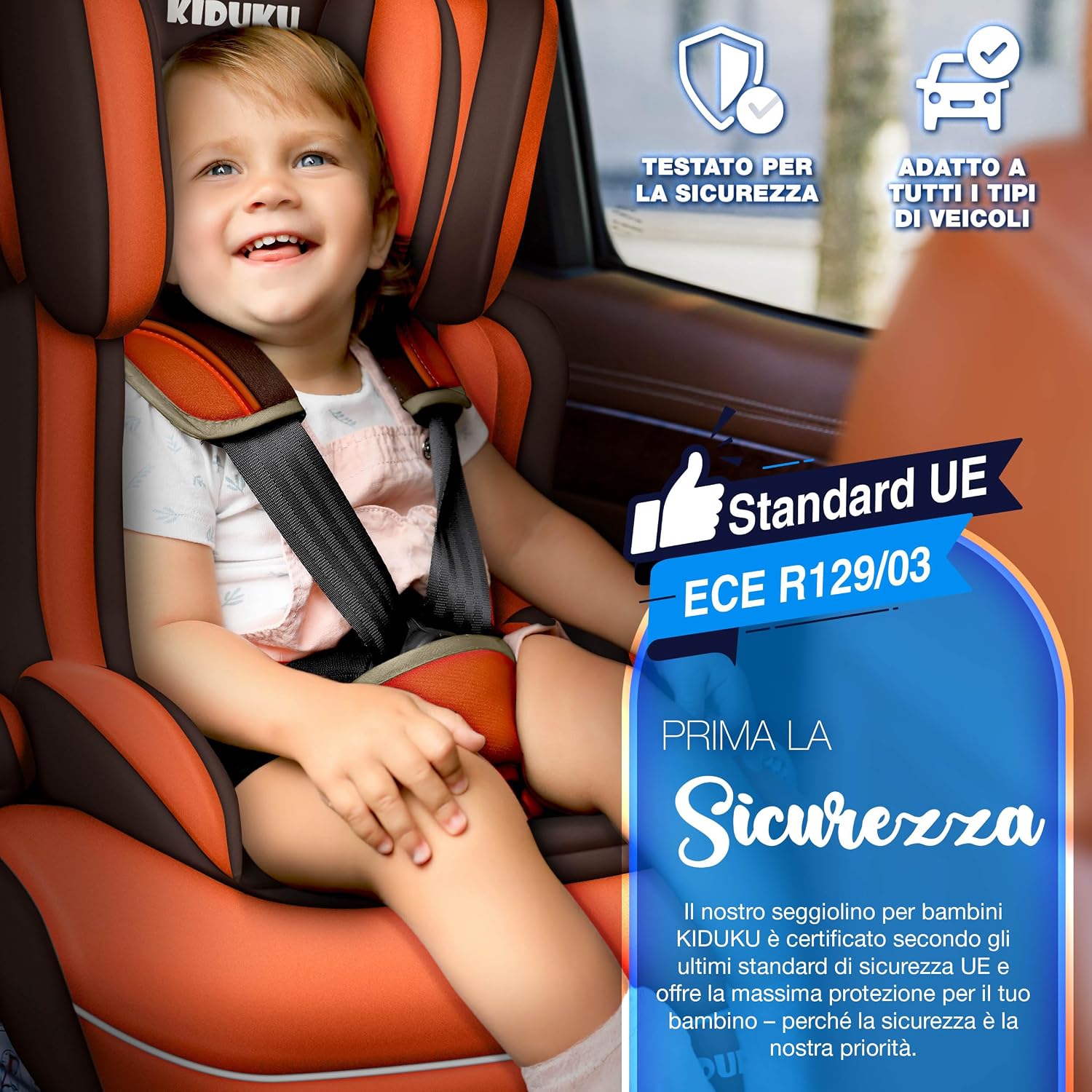 Detalle 2 de KIDUKU seggiolino auto con coprisedile ECE R129/03 9-36 kg (1-12 anni) gruppo 1+2+3 marrone/arancione