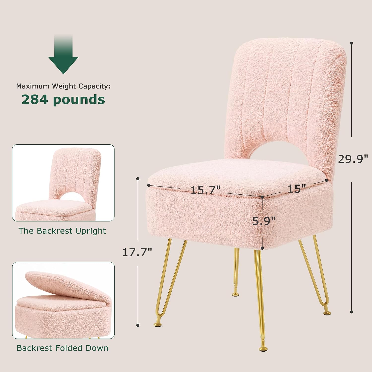 Detalle de VECELO Vanity Stool with Faux Fur