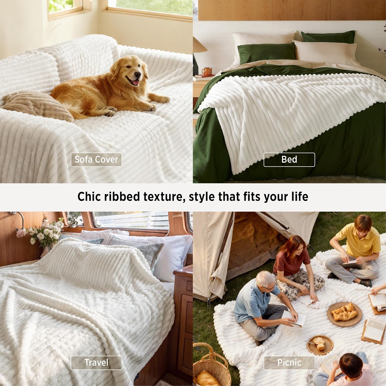 Detalle 2 de Bedsure Blanket-Chunky Corduroy King Throw Blanket, Off-White Polyester Fleece