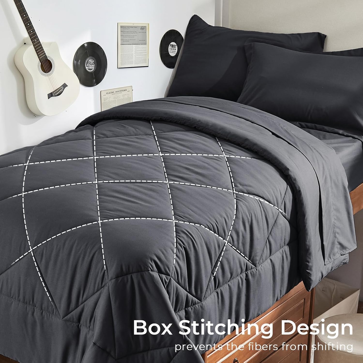 Detalle de HEVUMYI Twin Comforter Set - 5-Piece All Season Bed in a Bag (Twin, Dark Grey)