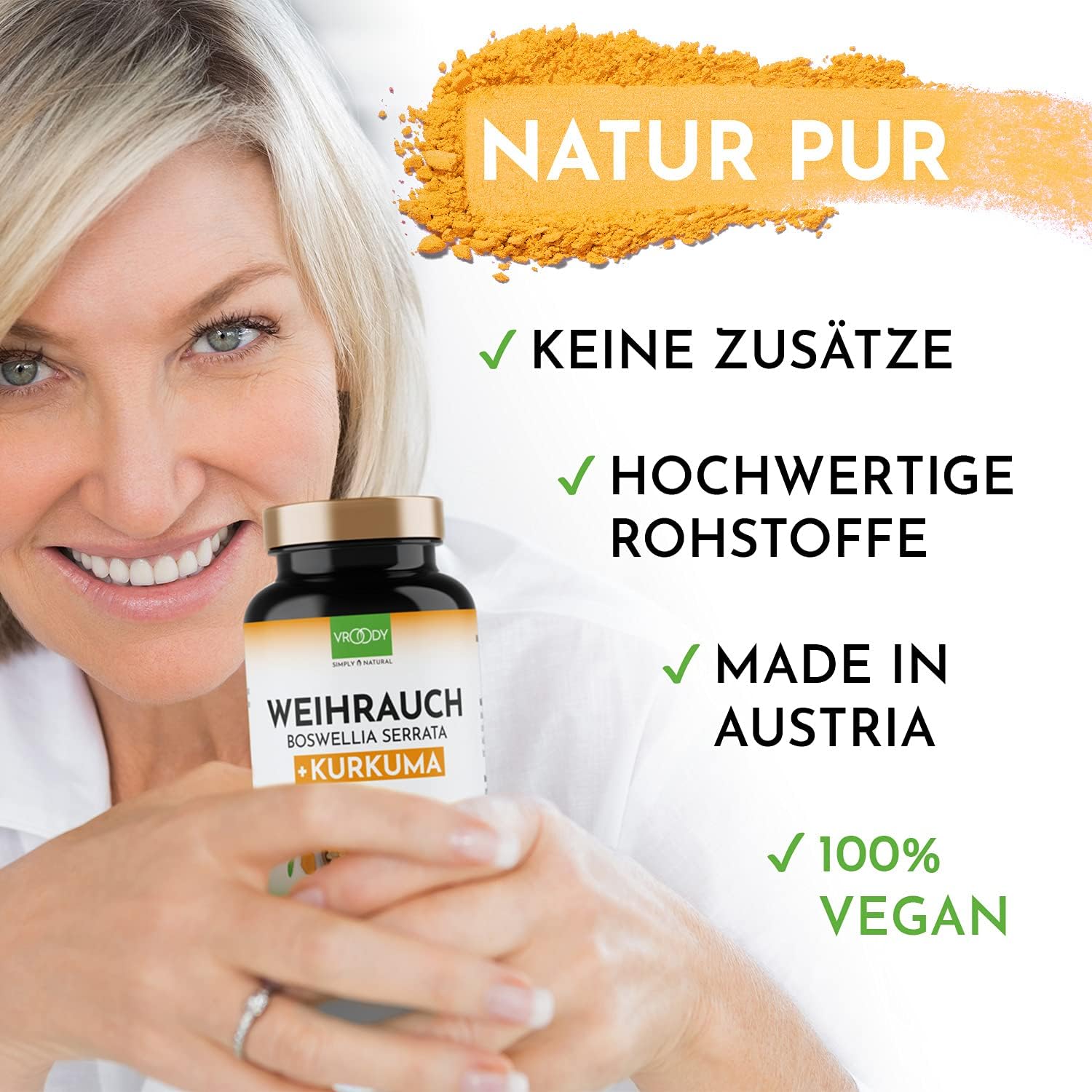 Detalle de 2x VROODY Weihrauchkapseln hochdosiert Boswellia Serrata 2000mg + Curcuma 125mg – vegan, ohne Zusätze, 2x180 Kapseln