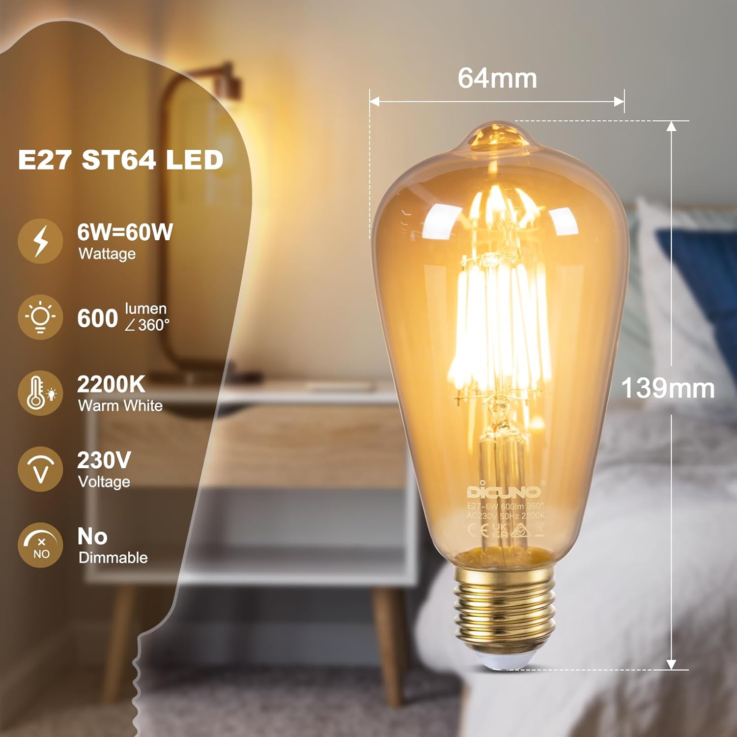 Detalle 2 de DiCUNO Vintage Light Bulb E27 Edison Screw Bulb, 6W Warm Amber Glass, 600LM, Non-Dimmable, ST64 (2 Pack)
