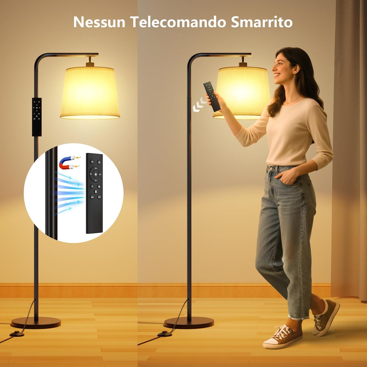 Thumbnail 3 de SUWIN Lampada da Terra dimmerabile con telecomando magnetico e paralume in lino beige