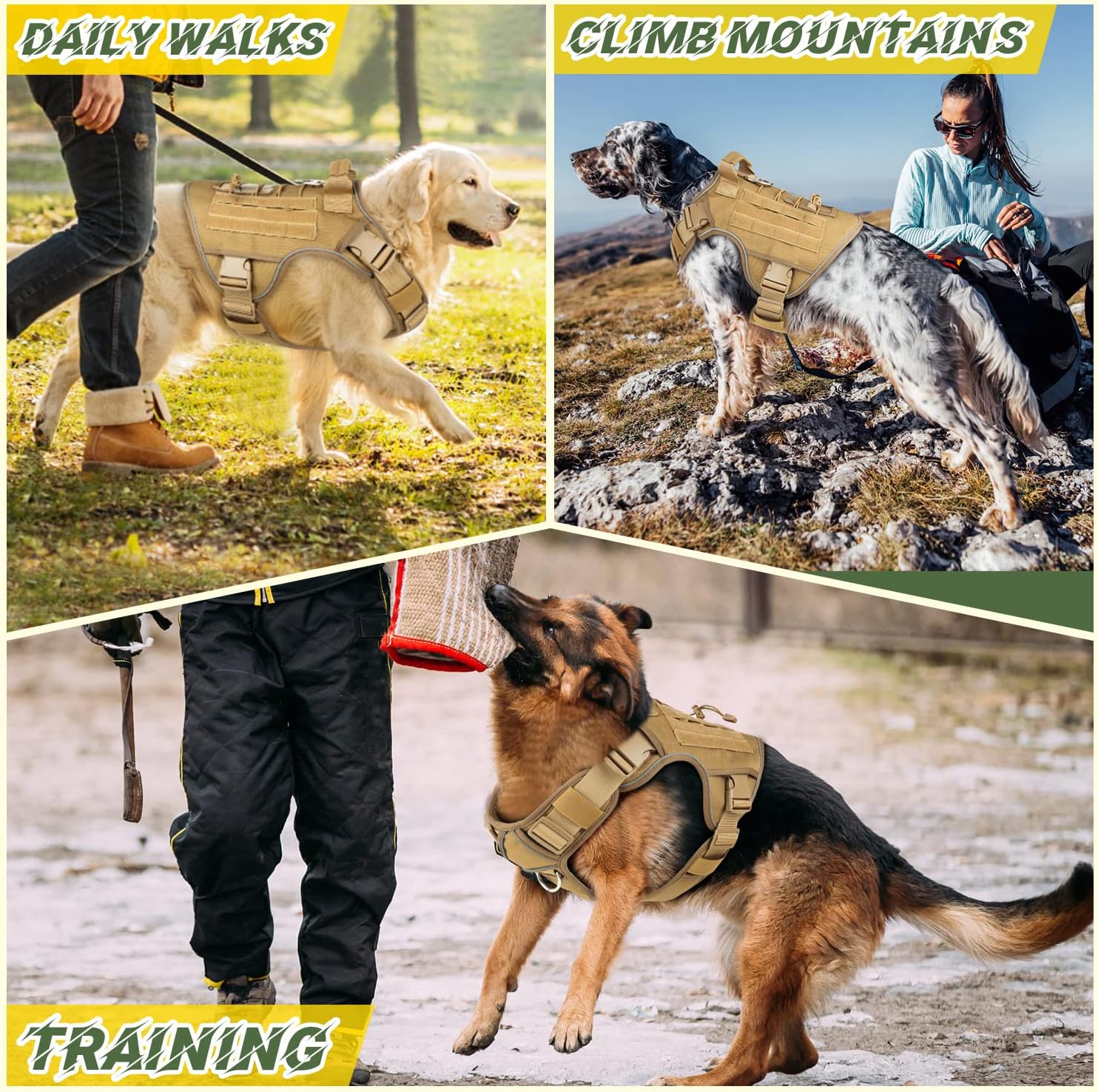 Detalle de WINGOIN Tactical Dog Harness for Large Dogs (Khaki, L) — Heavy-Duty No-Pull Vest with Handle & Reflective Strip