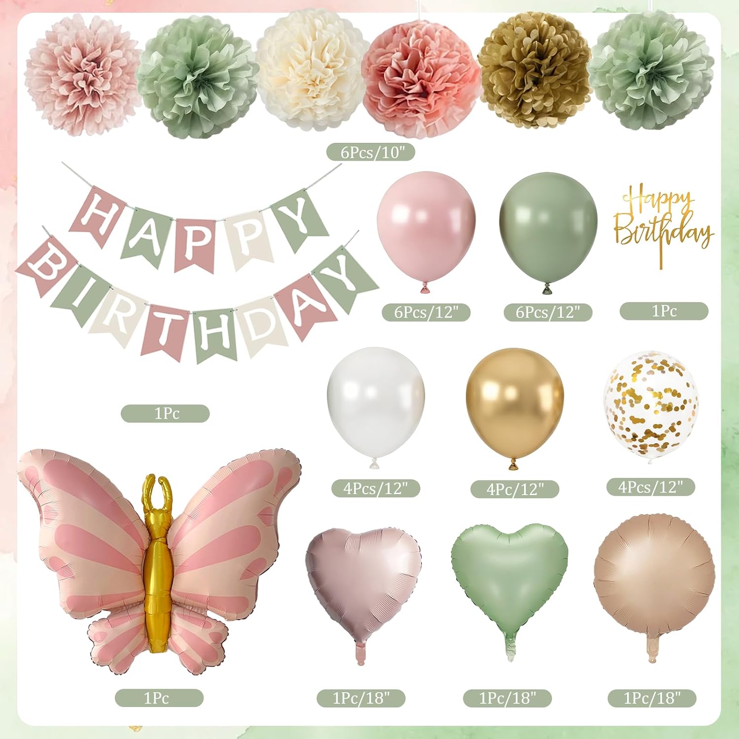 Detalle de Dusty Pink & Green Birthday Decorations Set: A Romantic, Versatile Party Kit