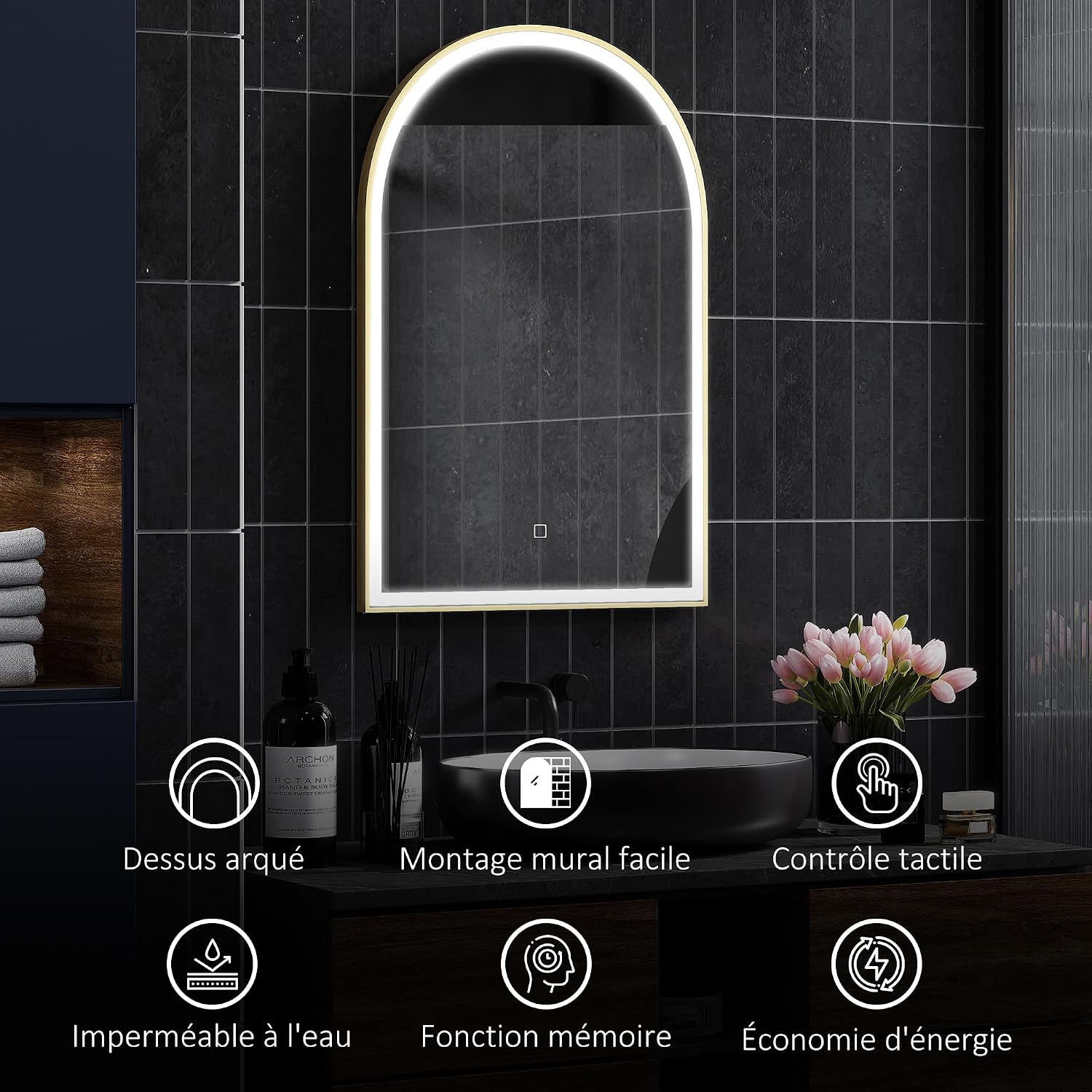 Thumbnail 5 de HOMCOM Miroir Salle de Bain LED 90x60 cm doré